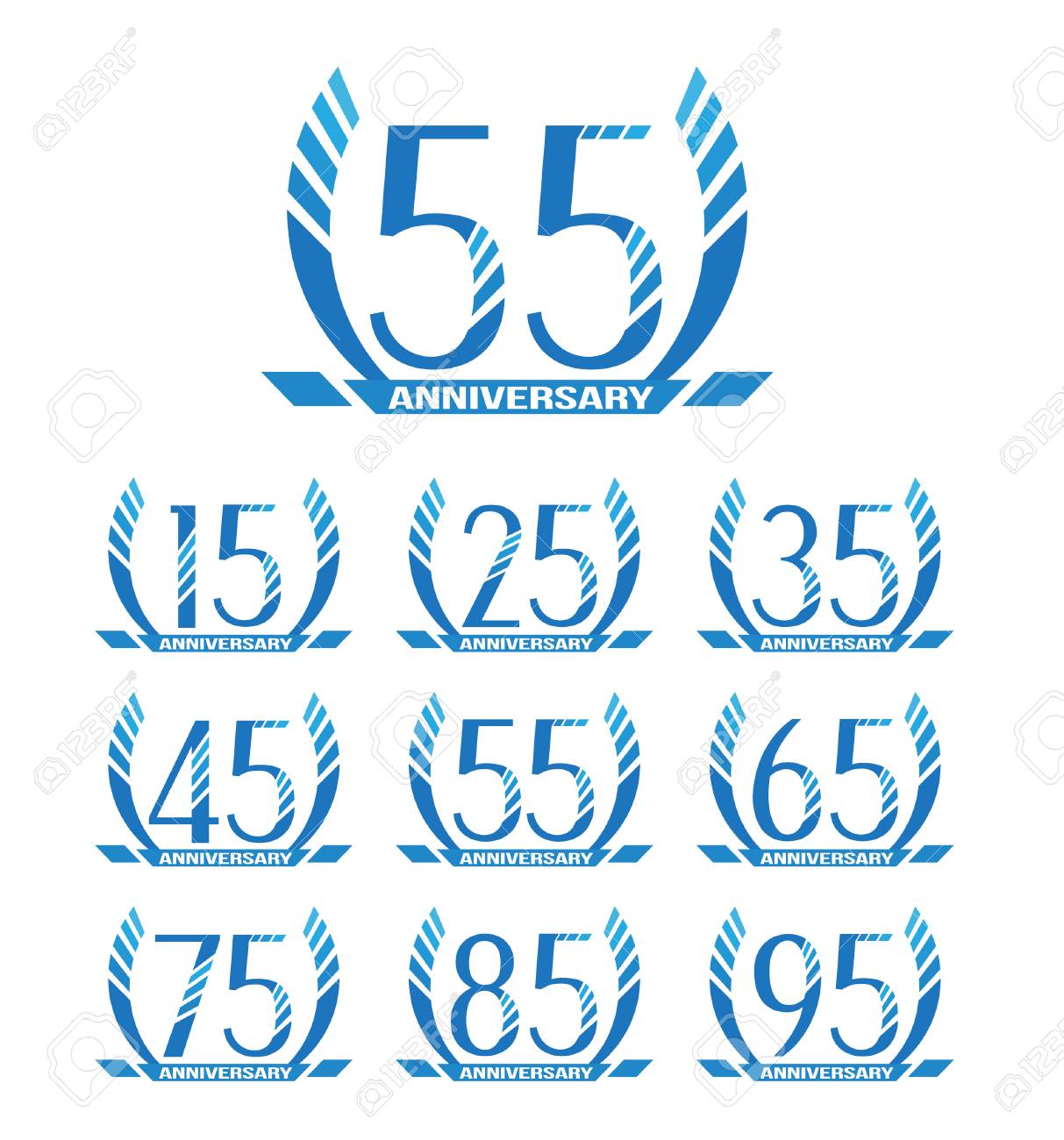 Anniversary emblems in abstract style. 15th, 25th, 35th, 45th, 55th, 65th, 75th, 85th, 95th anniversary sign collection. - 62600268 Anniversary emblems in abstract style. 15th, 25th, 35th, 45th, 55th, 65th, 75th, 85th, 95th anniversary sign collection. - 62600268