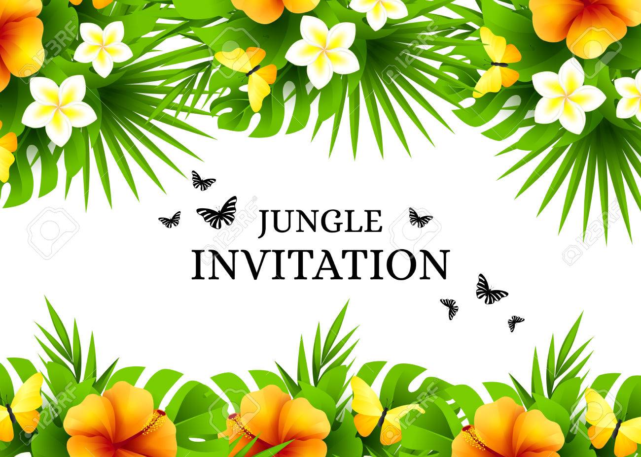 Summer tropical hawaiian background with jungle palm tree leaves, exotic flowers and yellow butterflies. Horizontal vector invitation banners with hibiscus floral decorations and copy space - 62887571 Summer tropical hawaiian background with jungle palm tree leaves, exotic flowers and yellow butterflies. Horizontal vector invitation banners with hibiscus floral decorations and copy space - 62887571
