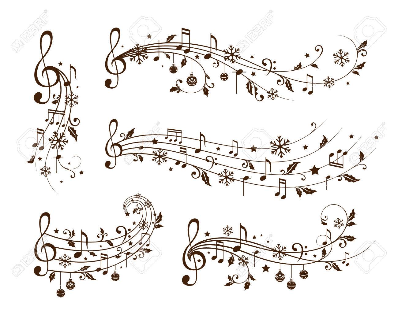 Christmas decoration elements form musical notes, holly leaves and snowflakes. Winter holiday dividers. Monochrome variant - 85121433 Christmas decoration elements form musical notes, holly leaves and snowflakes. Winter holiday dividers. Monochrome variant - 85121433