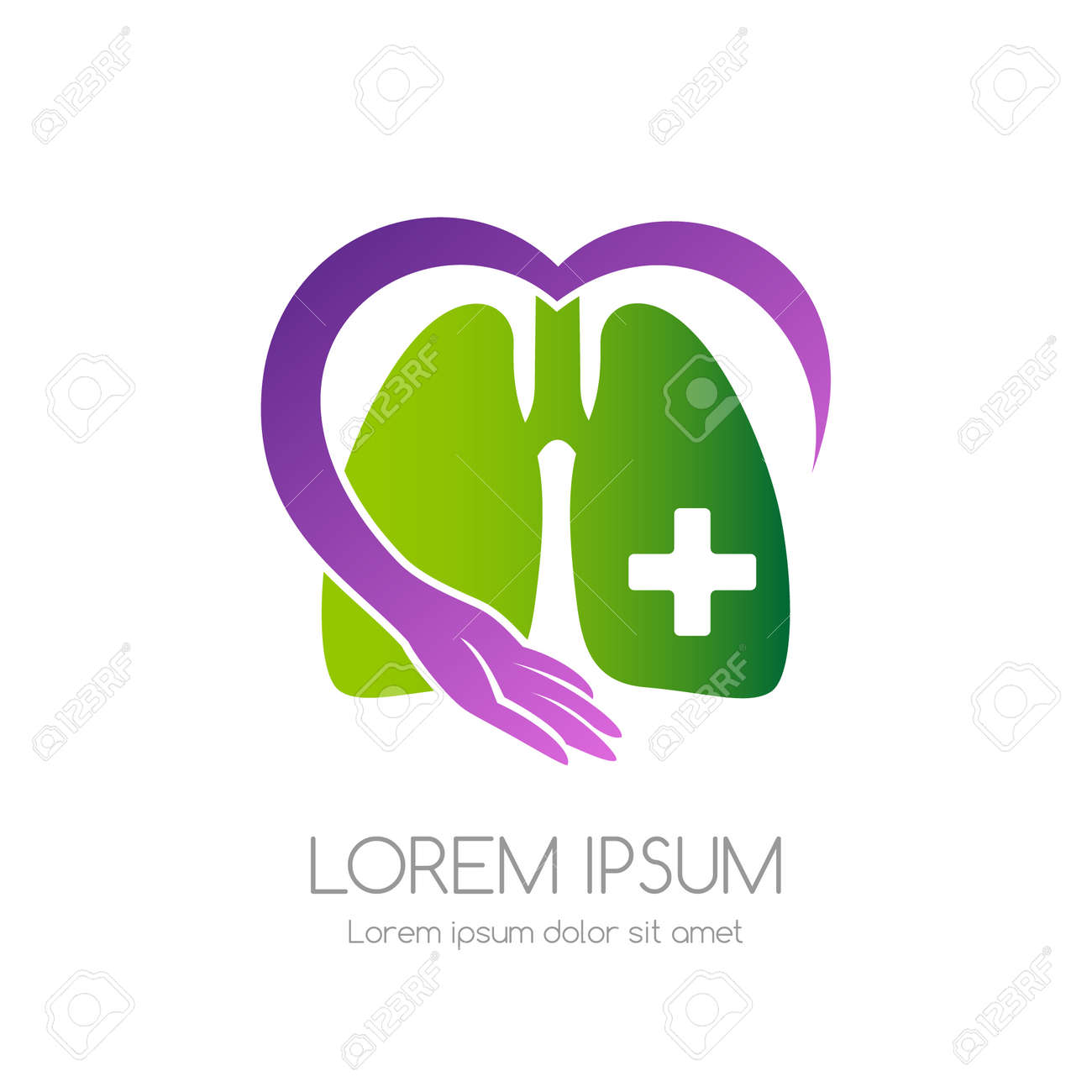 Lung with cross and care hand. Medical emblem. Health care vector icon. - 158145326 Lung with cross and care hand. Medical emblem. Health care vector icon. - 158145326