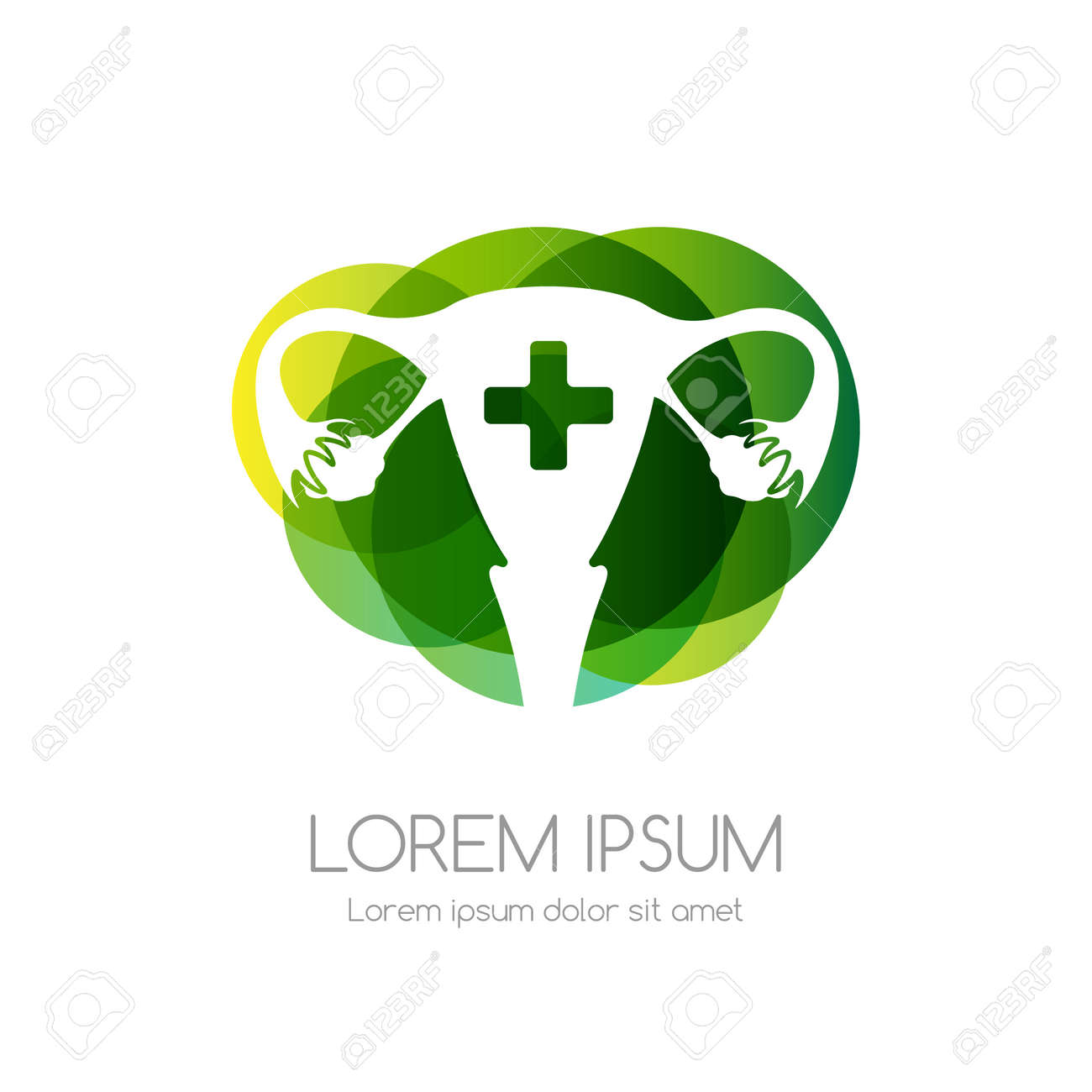 Uterus with cross and green abstract shape. Medical emblem. Health care vector icon. - 158145334 Uterus with cross and green abstract shape. Medical emblem. Health care vector icon. - 158145334