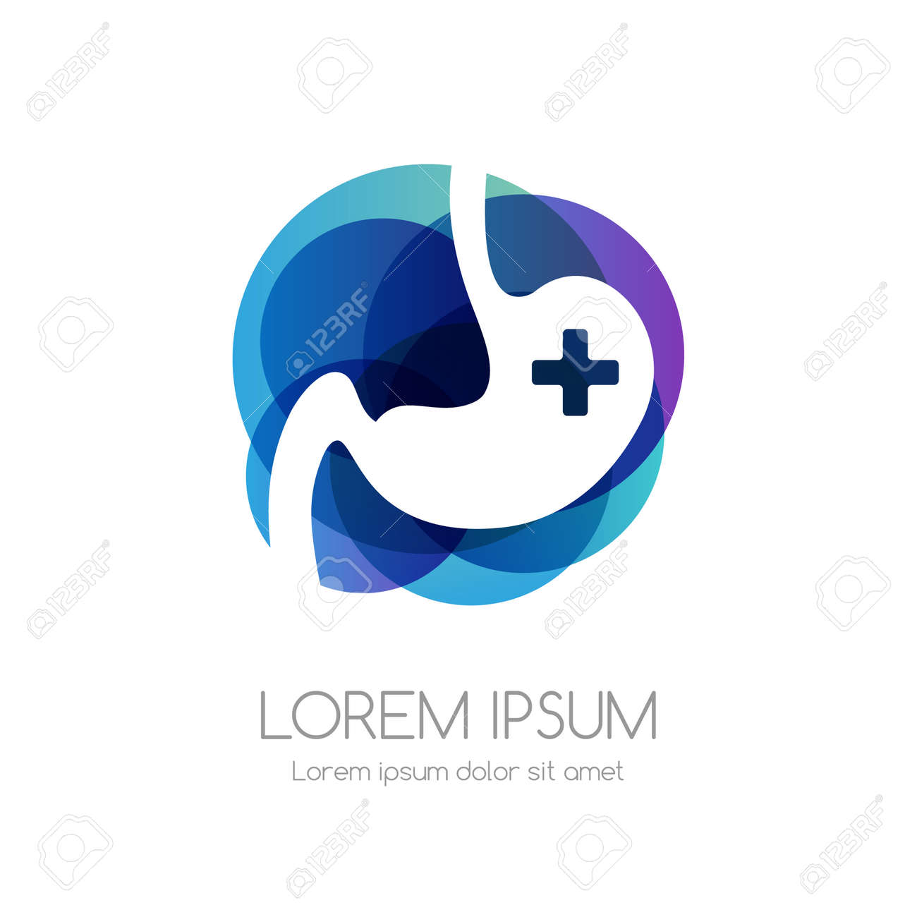 Stomach with cross and blue abstract shape. Medical emblem. Health care vector icon. - 158145342 Stomach with cross and blue abstract shape. Medical emblem. Health care vector icon. - 158145342