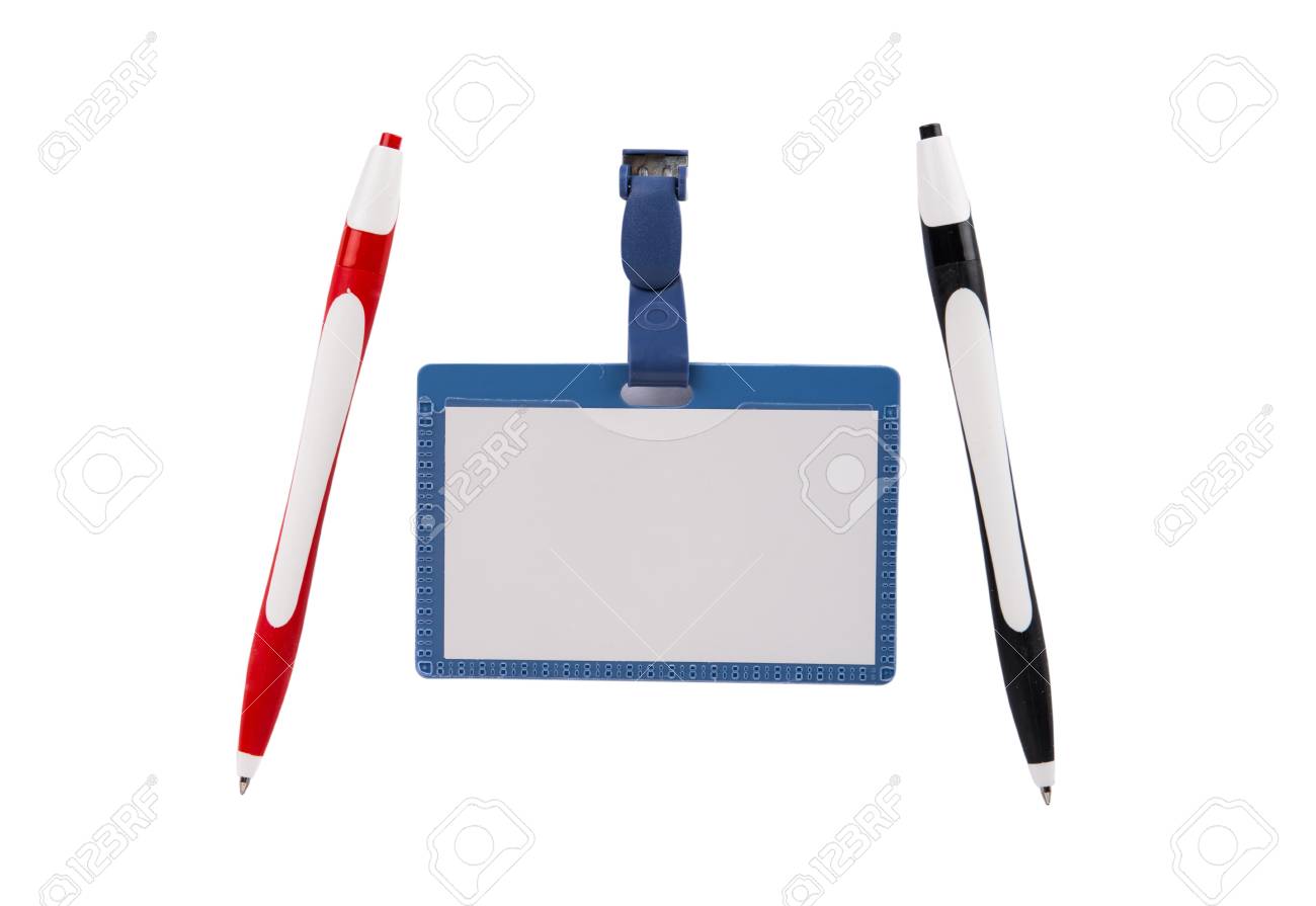 blank id card badge and pen on a white background stock photo