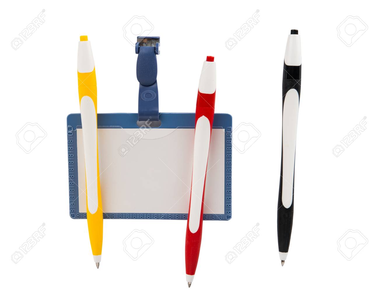 blank id card badge and pen on a white background stock photo