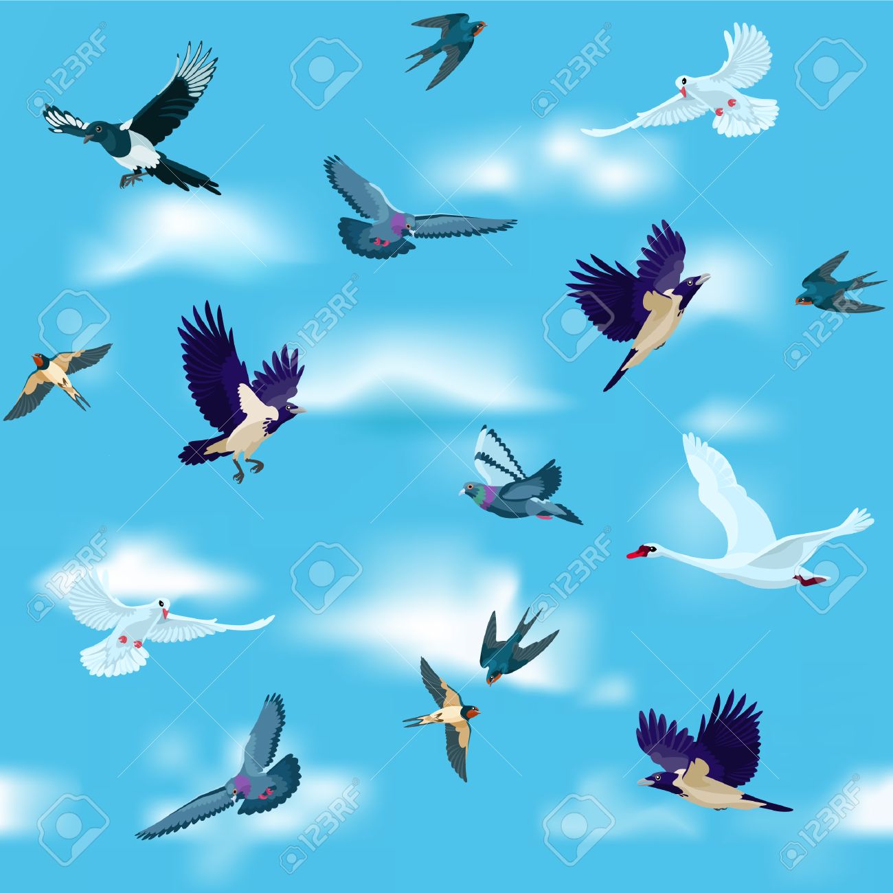 ハト 白鳩 カササギ カラス 白鳥 ツバメは空の雲の中で飛んでいます のイラスト素材 ベクタ Image ハト 白鳩 カササギ カラス 白鳥 ツバメは空の雲の中で飛んでいます のイラスト素材 ベクタ Image