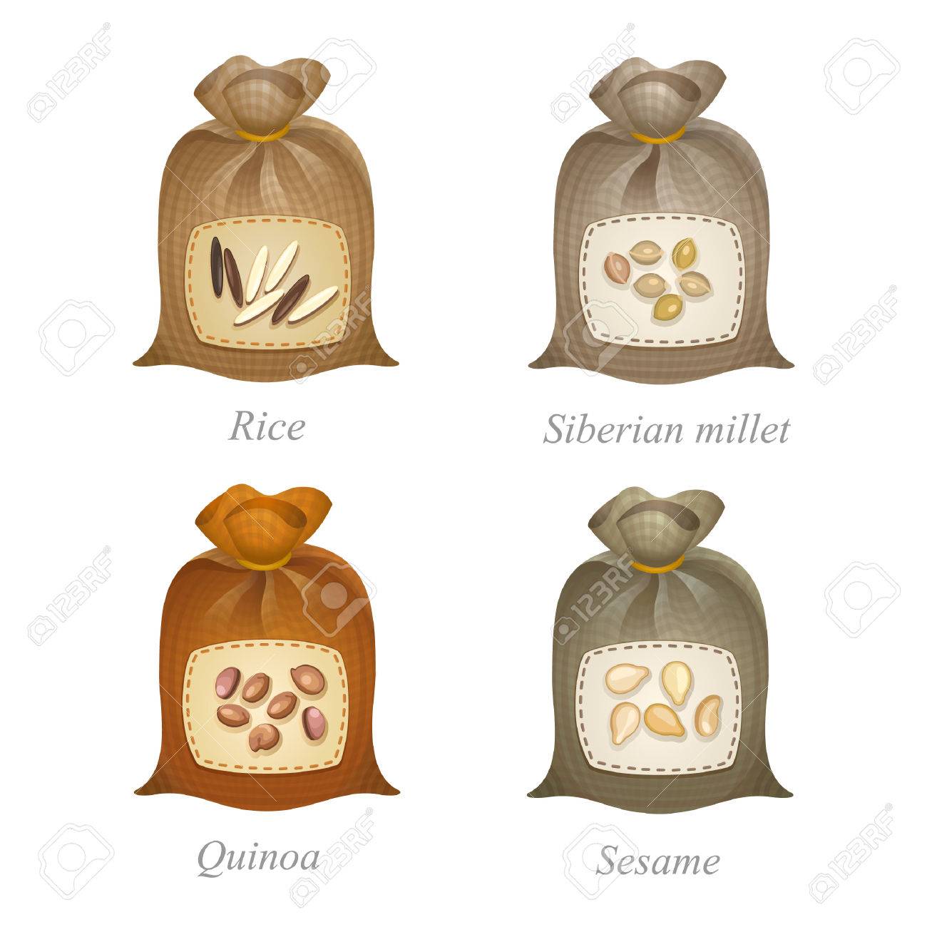 米 シベリア キビ キノア ゴマのアイコンと名前それらの下の袋を縛ら のイラスト素材 ベクタ Image