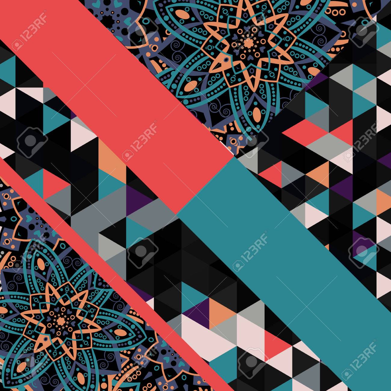 抽象的な手には 背景や幾何学模様の三角形が描画されます ポスター カード 繊維 パターン デスクトップ壁紙 幾何学花模様 東部の飾り 明るい質感を印刷します のイラスト素材 ベクタ Image