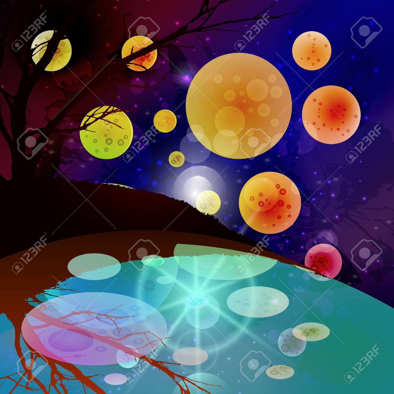 Cartoon Space Background. Starry Universe Sky With Alien Planets. Asteroids And Nebula. Science Fiction Galaxy Purple Wallpaper. Cosmos Interstellar Exploration. Vector Cosmic Dark Night Atmosphere Royalty Free SVG, Cliparts, Vectors, and Stock