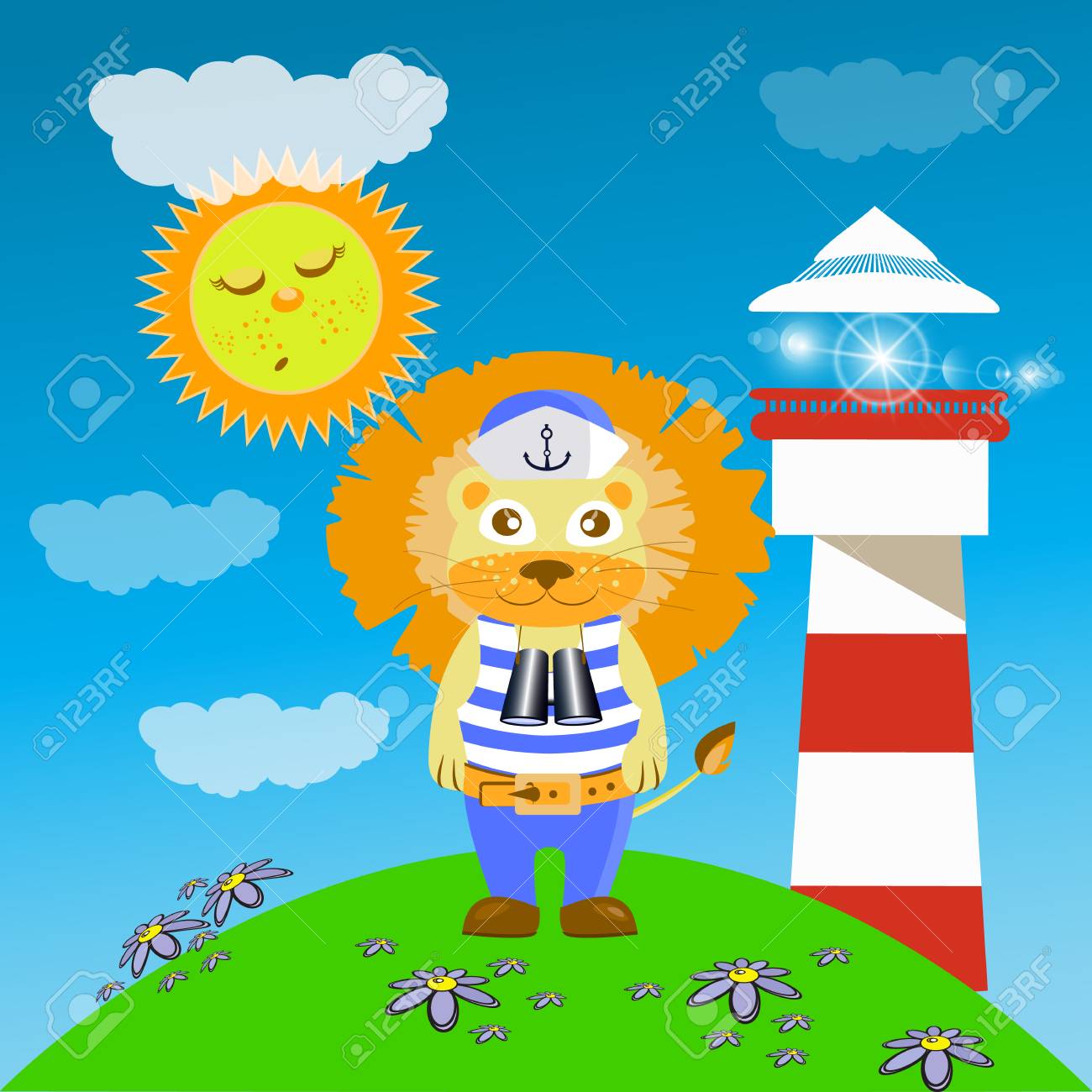 Leão Na Colina Do Farol. Ilustração Das Crianças. é Usado Para Imprimir,  Website, Smartphone, Design, Têxteis, Cerâmicas, Tecidos, Estampas Para  Cartões Postais Etc. Ilustraciones Vectoriales, Clip Art Vectorizado Libre  De Derechos. Image