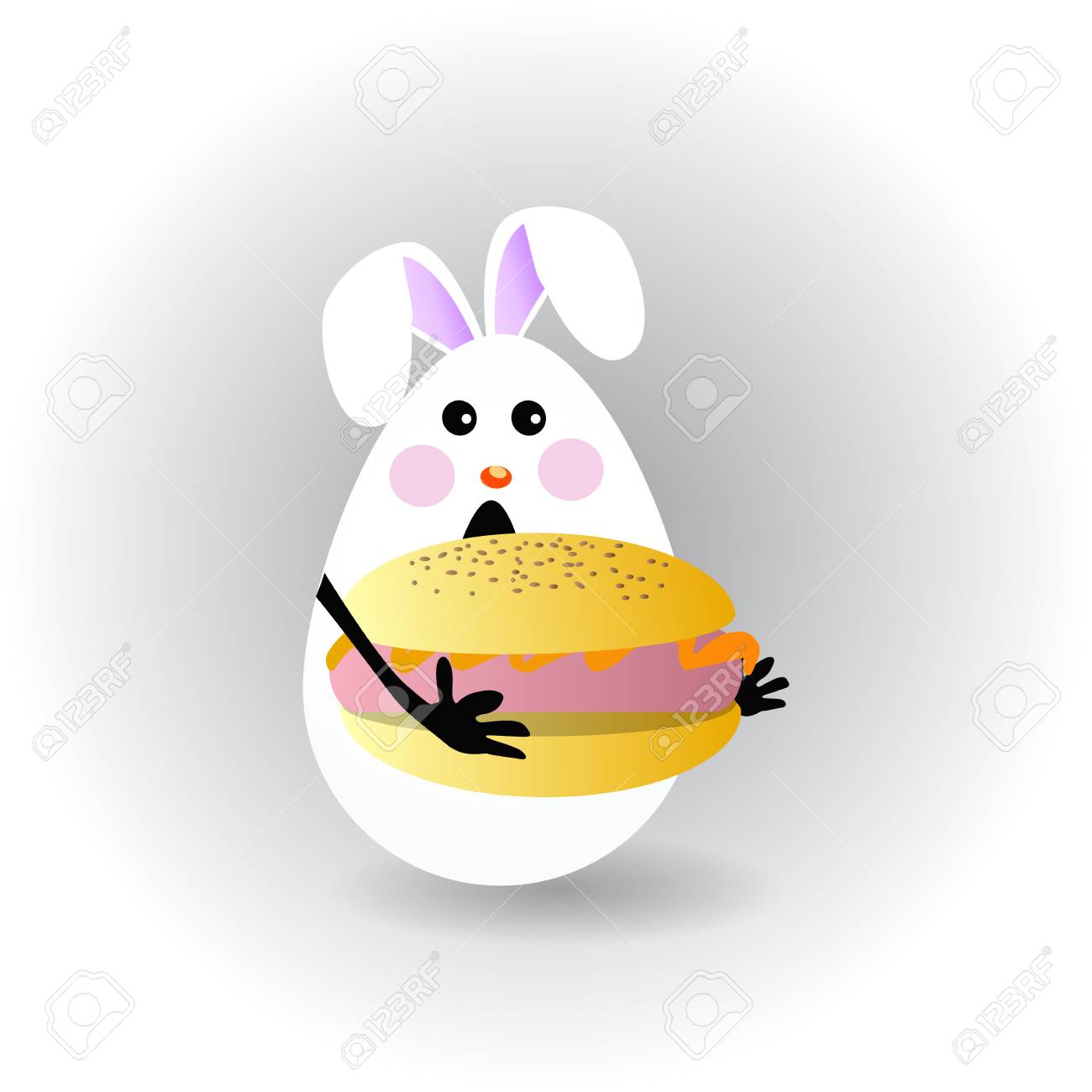 イースター 卵ウサギ デザインの顔イラストが面白い ウサギかわいい白ソーセージとパンを食べる のイラスト素材 ベクタ Image