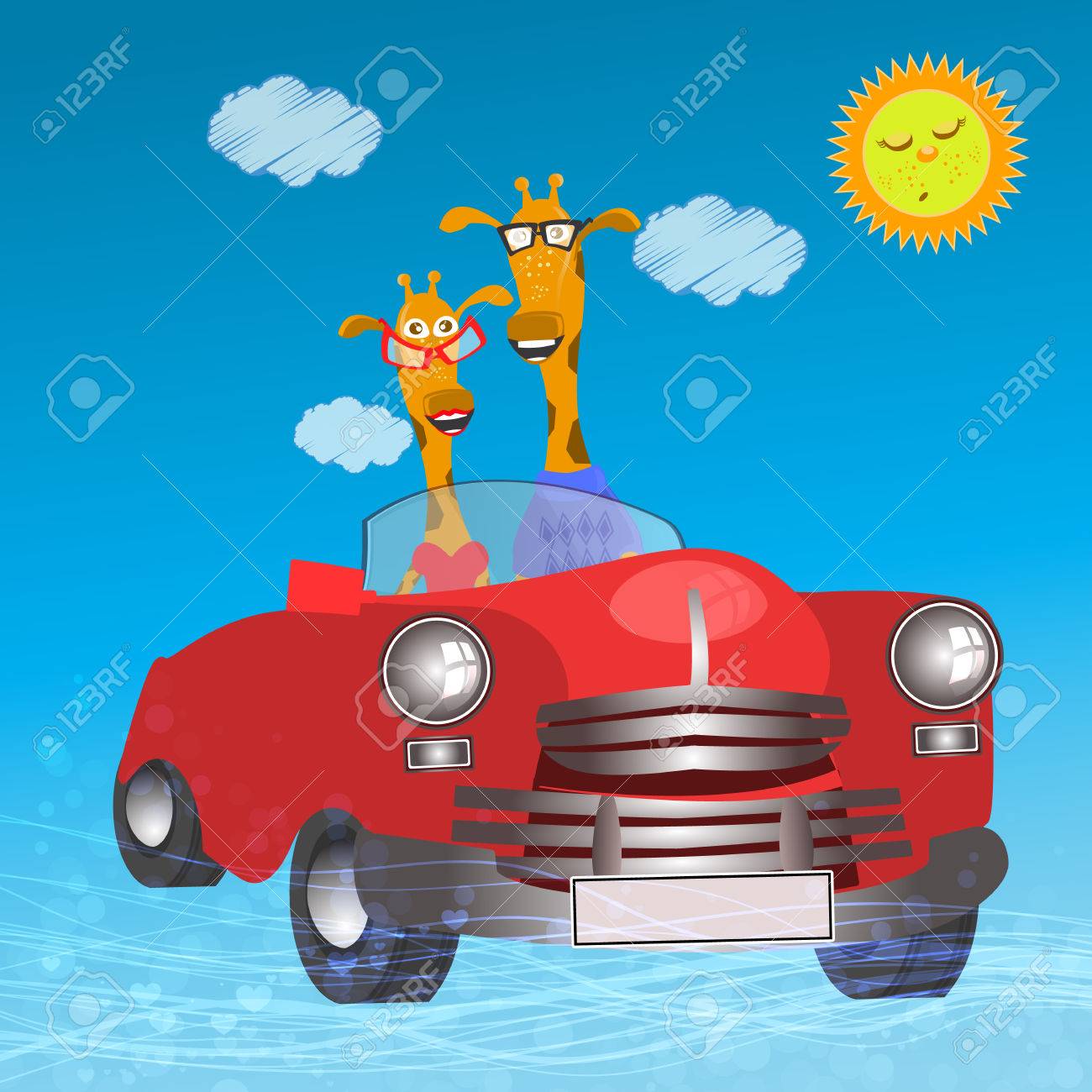 あなたのデザインの子供 S のイラスト キリンのペアは レトロな車を乗る 用装飾 印刷 デザイン のイラスト素材 ベクタ Image