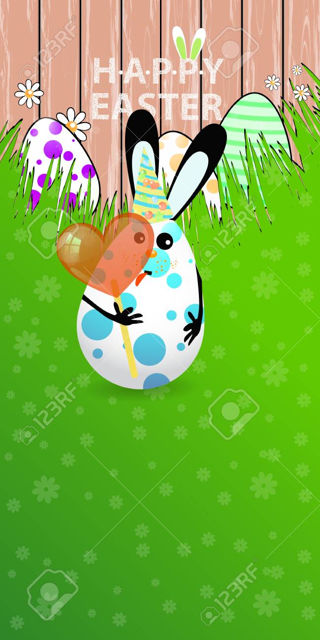 イースター テキストの下の場所をあなたの設計のための垂直配向のイラスト かわいいバニー イースター エッグ面白い顔を緑の芝生の草の上 おいしいキャンデーをなめます のイラスト素材 ベクタ Image