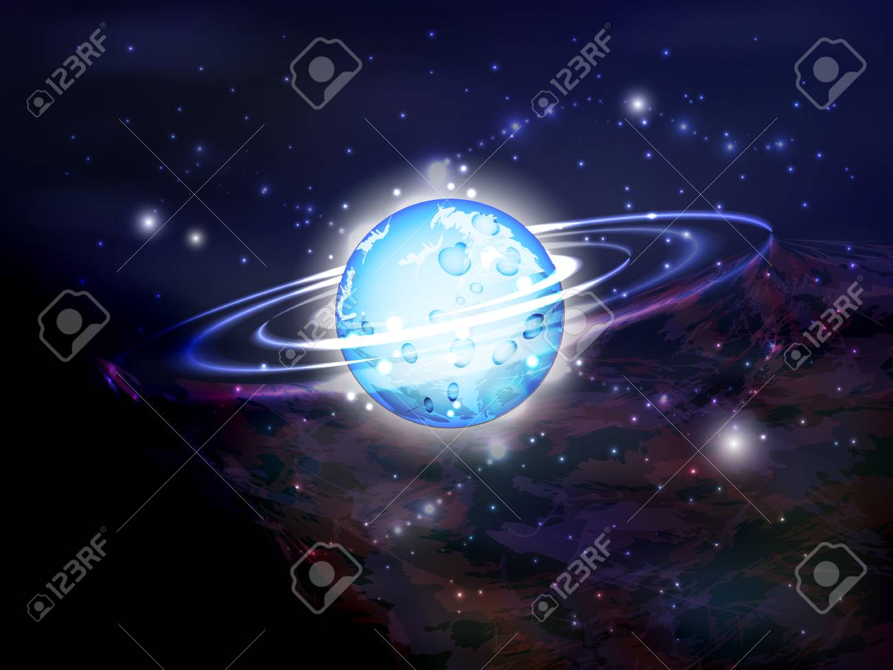 スペース あなたのデザインのベクトル イラスト 幻想的で美しい 宇宙の風景 リングで輝く青い惑星 のイラスト素材 ベクタ Image