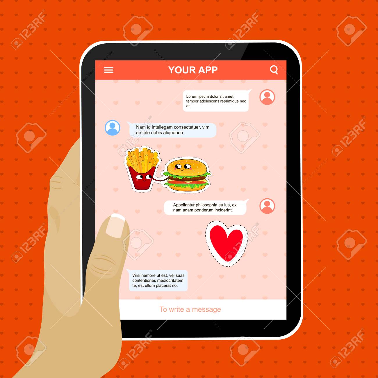 mobile application example with funny love stickers cute cartoon