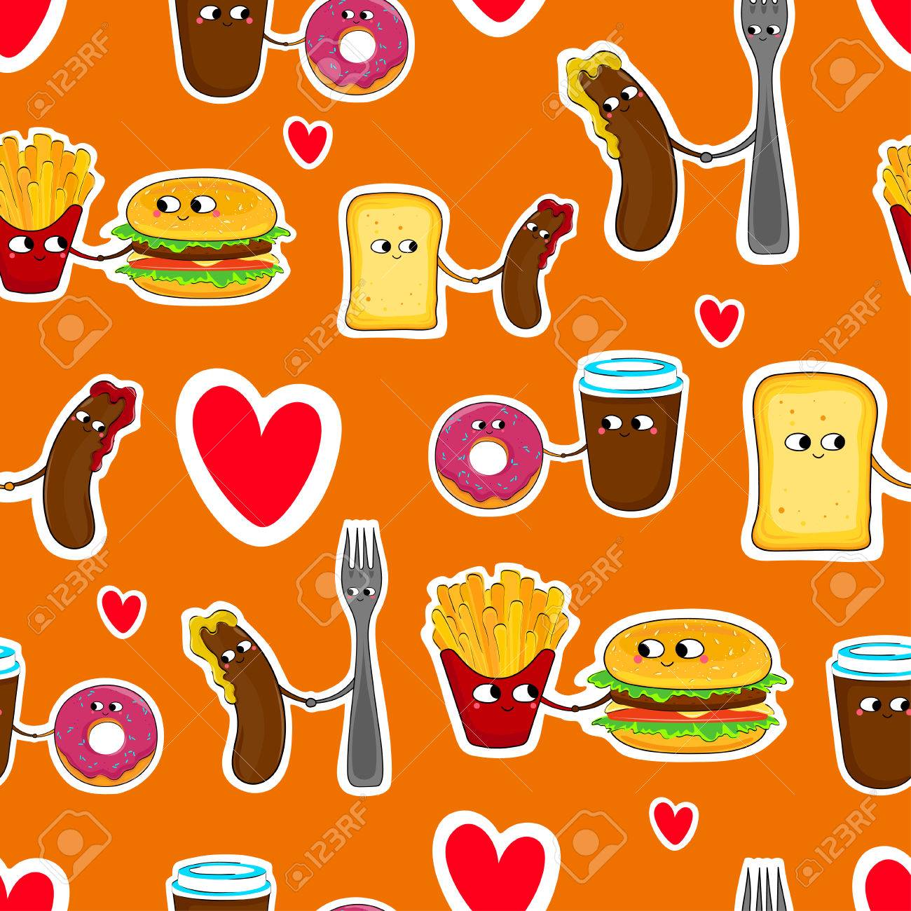 fast food funny love stickers cute cartoon seamless emoticons