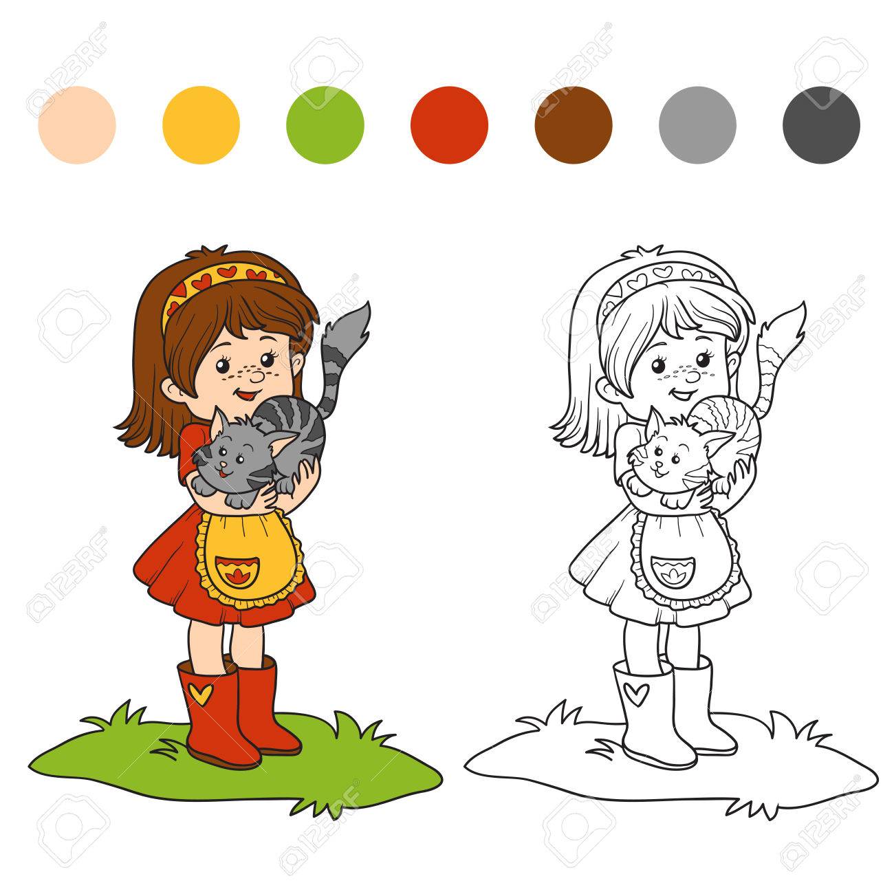 Livre à Colorier Pour Les Enfants Petite Fille Avec Chat Mignon