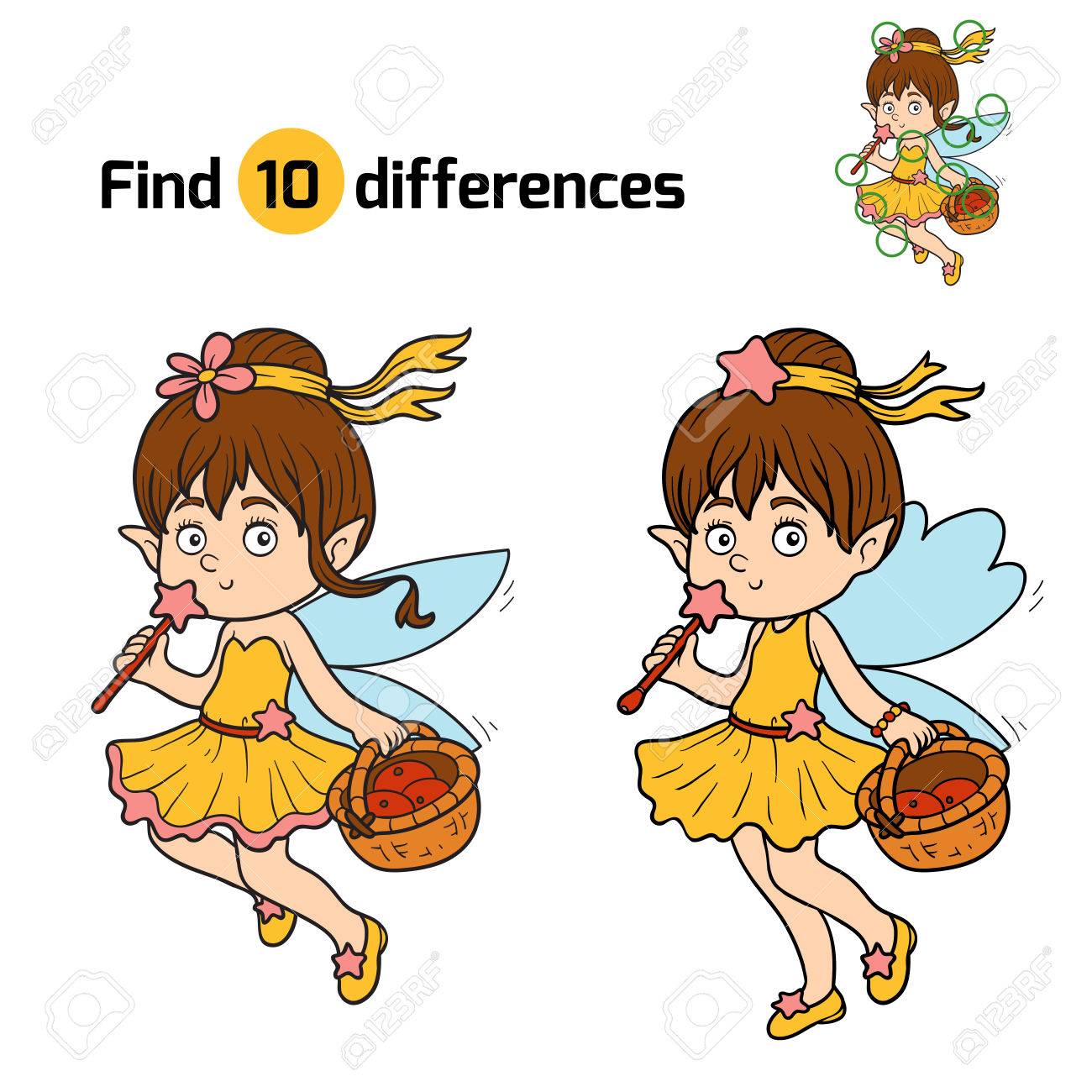 子供のためのゲーム フルーツのバスケットと小さな妖精 の違いを見つける のイラスト素材 ベクタ Image