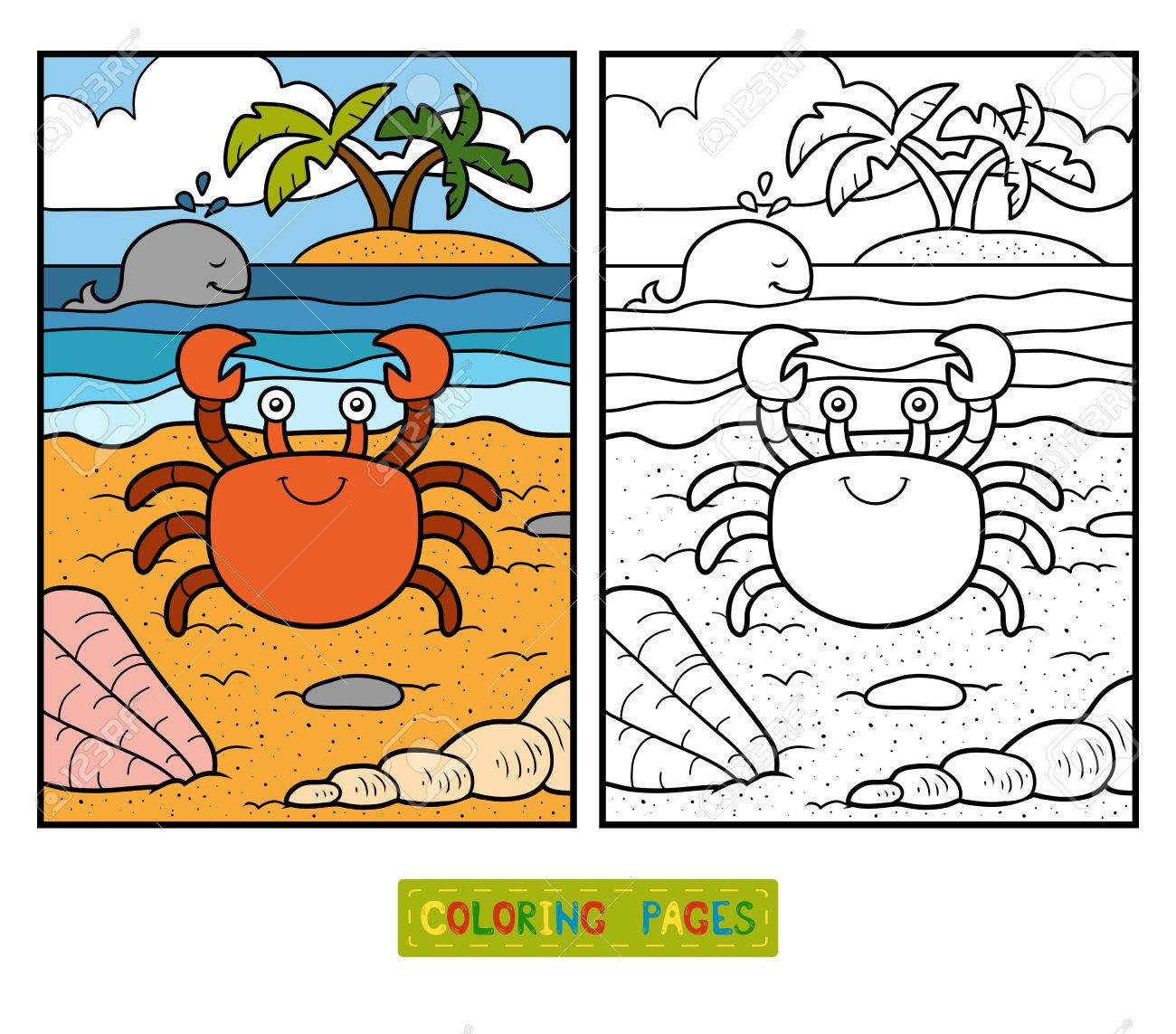 Coloring Book For Children With Cute Animals Crab And Background Stock Vector