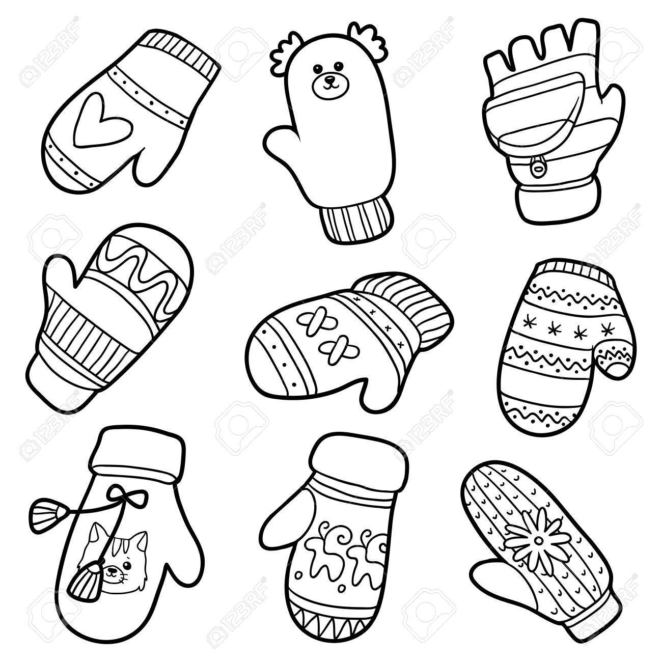 Vector Set Of Different Winter Mittens Black And White Set Of