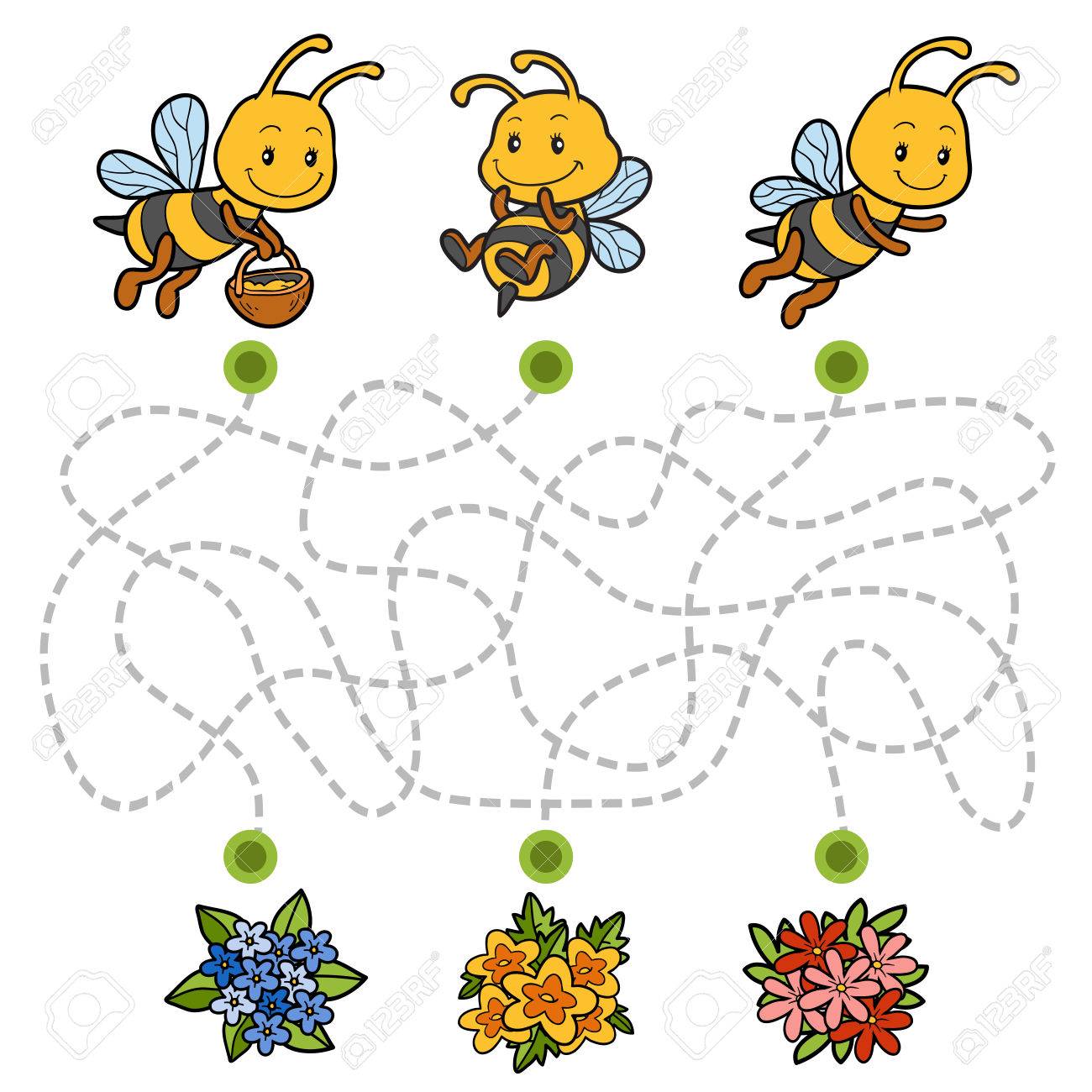 Maze game, education game for children. Help the bees to find their way to the flowers! - 60596585 Maze game, education game for children. Help the bees to find their way to the flowers! - 60596585