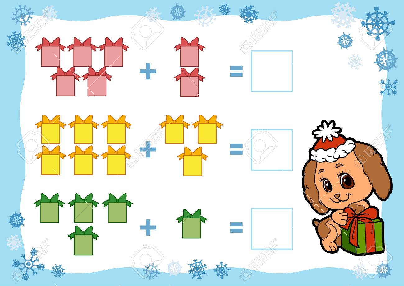 Counting Game for Preschool Children. Addition worksheets. Christmas gifts. Educational a mathematical game. Count the numbers in the picture and write the result. - 63046254 Counting Game for Preschool Children. Addition worksheets. Christmas gifts. Educational a mathematical game. Count the numbers in the picture and write the result. - 63046254