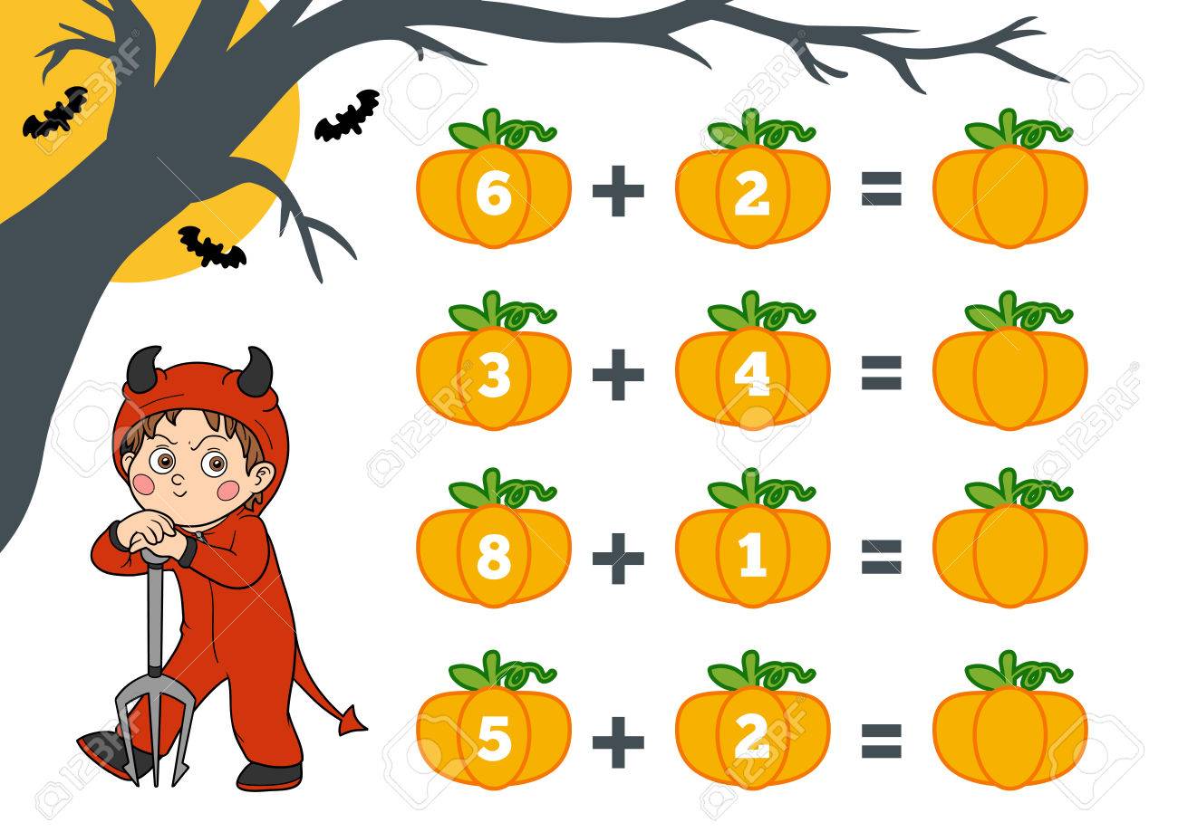 Vettoriale Conteggio Del Gioco Per Bambini In Eta Prescolare Personaggi Di Halloween Diavolo Formazione Un Gioco Matematico Contare I Numeri Nella Foto E Scrivere Il Risultato Fogli Di Lavoro Aggiunta Image