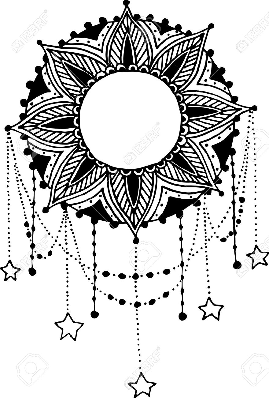 hand drawn moon sun mandala dreamcatcher with feathers ethnic