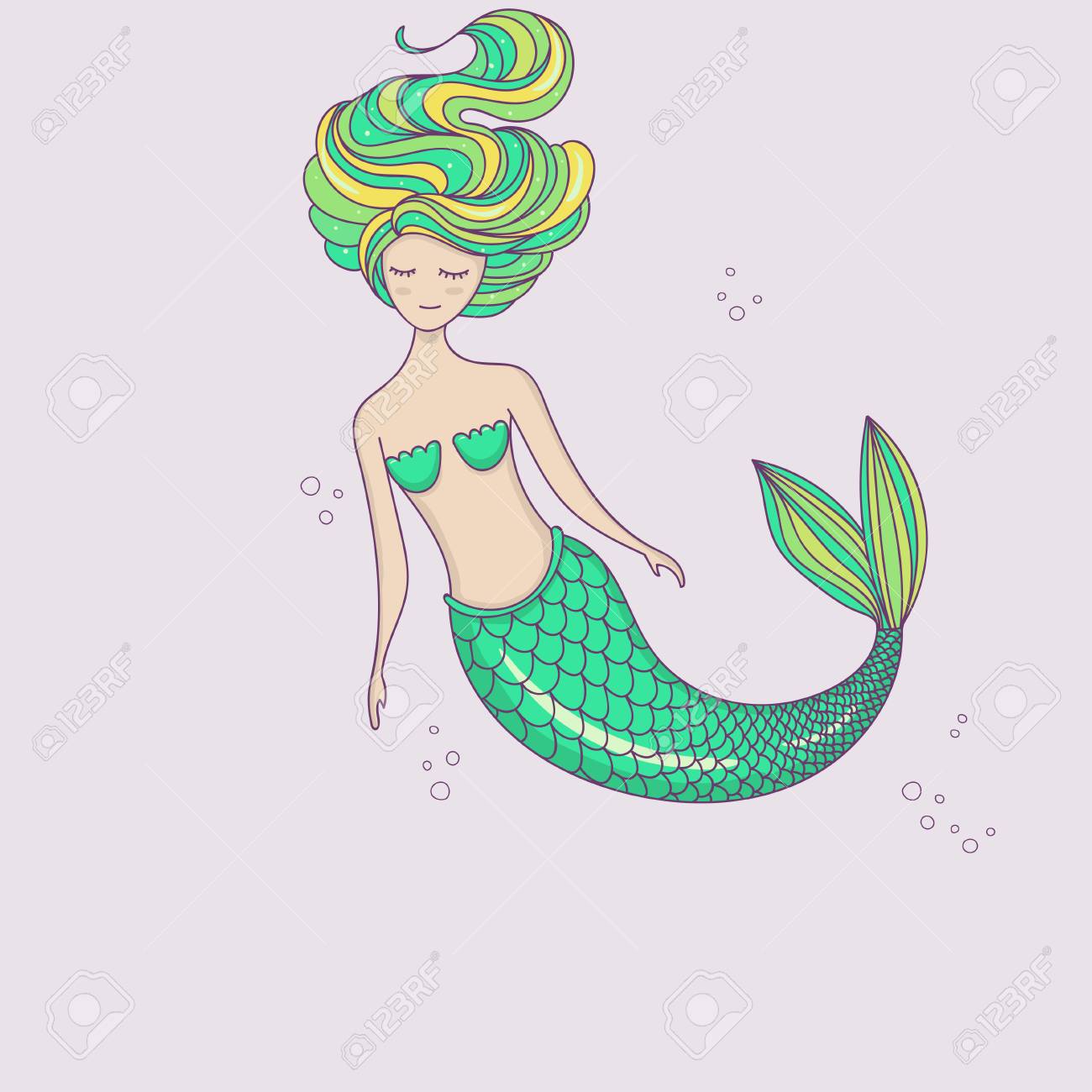 美しい小さな人魚 サイレン 海のテーマ 手描きベクトルイラスト のイラスト素材 ベクタ Image