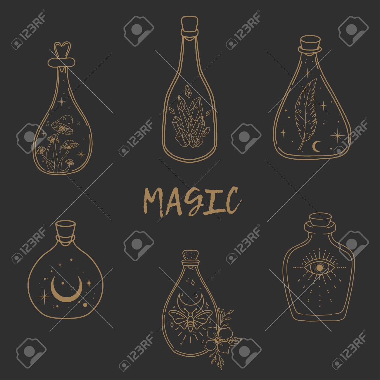 Hand drawn beautiful set of a magic bottles. Alchemy, spirituality, occultism, tattoo art, coloring books. Isolated vector illustration. - 138664321 Hand drawn beautiful set of a magic bottles. Alchemy, spirituality, occultism, tattoo art, coloring books. Isolated vector illustration. - 138664321