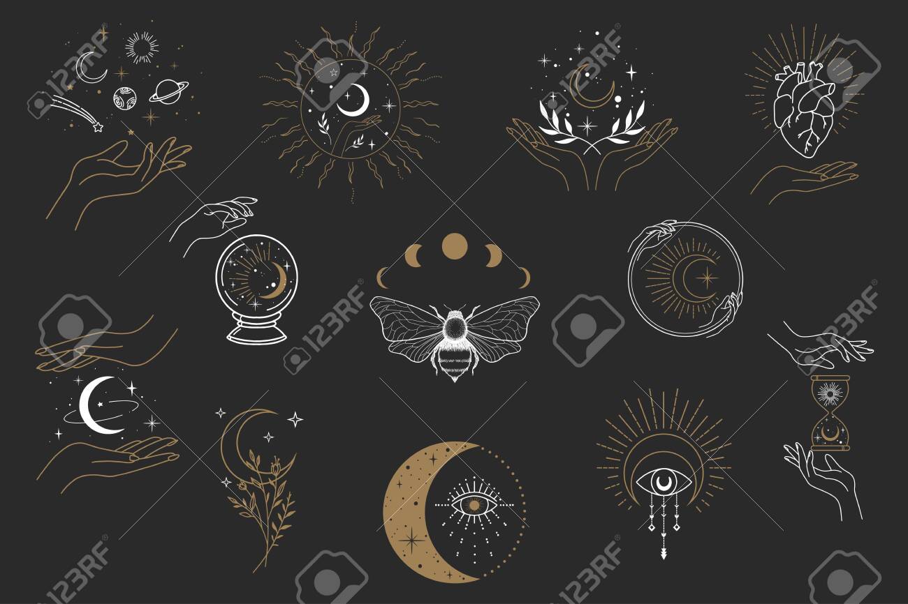 Vector witch magic design elements set. Hand drawn, doodle, sketch magician collection. Witchcraft symbols. Perfect for tattoo, textile, cards, mystery - 140301721 Vector witch magic design elements set. Hand drawn, doodle, sketch magician collection. Witchcraft symbols. Perfect for tattoo, textile, cards, mystery - 140301721