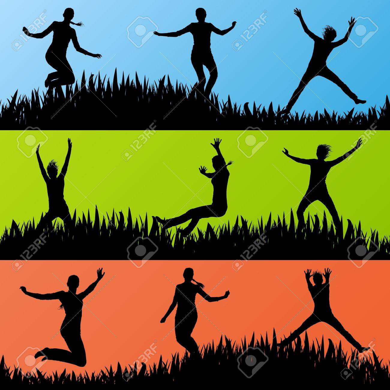 カラフルなジャンプ子供シルエット イラスト コレクション背景ベクトルのイラスト素材 ベクタ Image