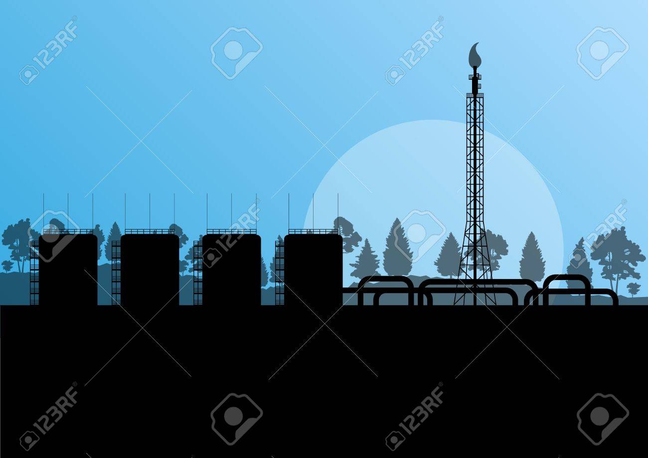 石油製油所産業工場風景イラストのポスターのための背景のベクトルの
