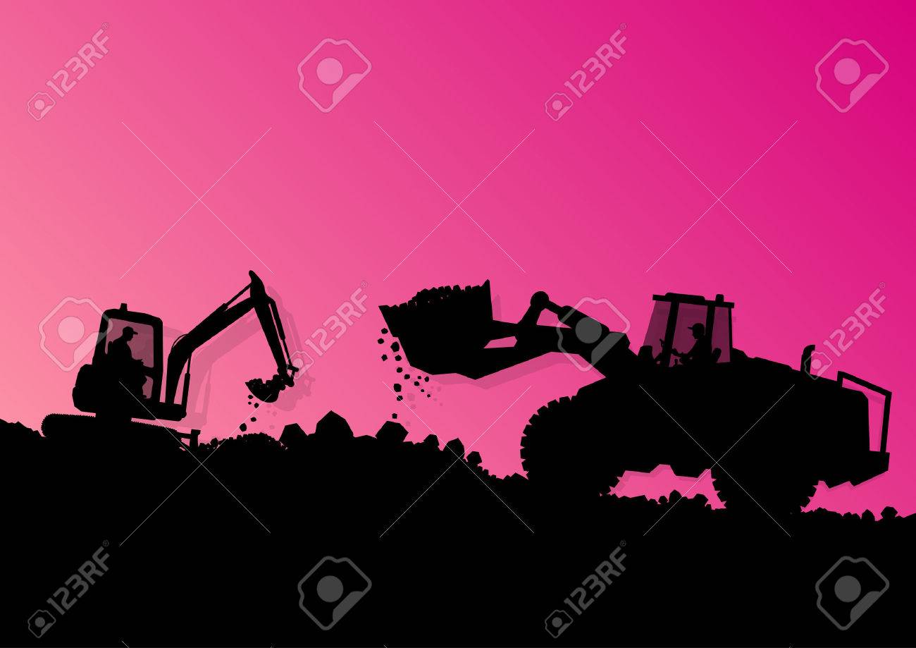 Excavator loader hydraulic machine tractor and workers digging at industrial construction site vector background illustration - 25990391 Excavator loader hydraulic machine tractor and workers digging at industrial construction site vector background illustration - 25990391