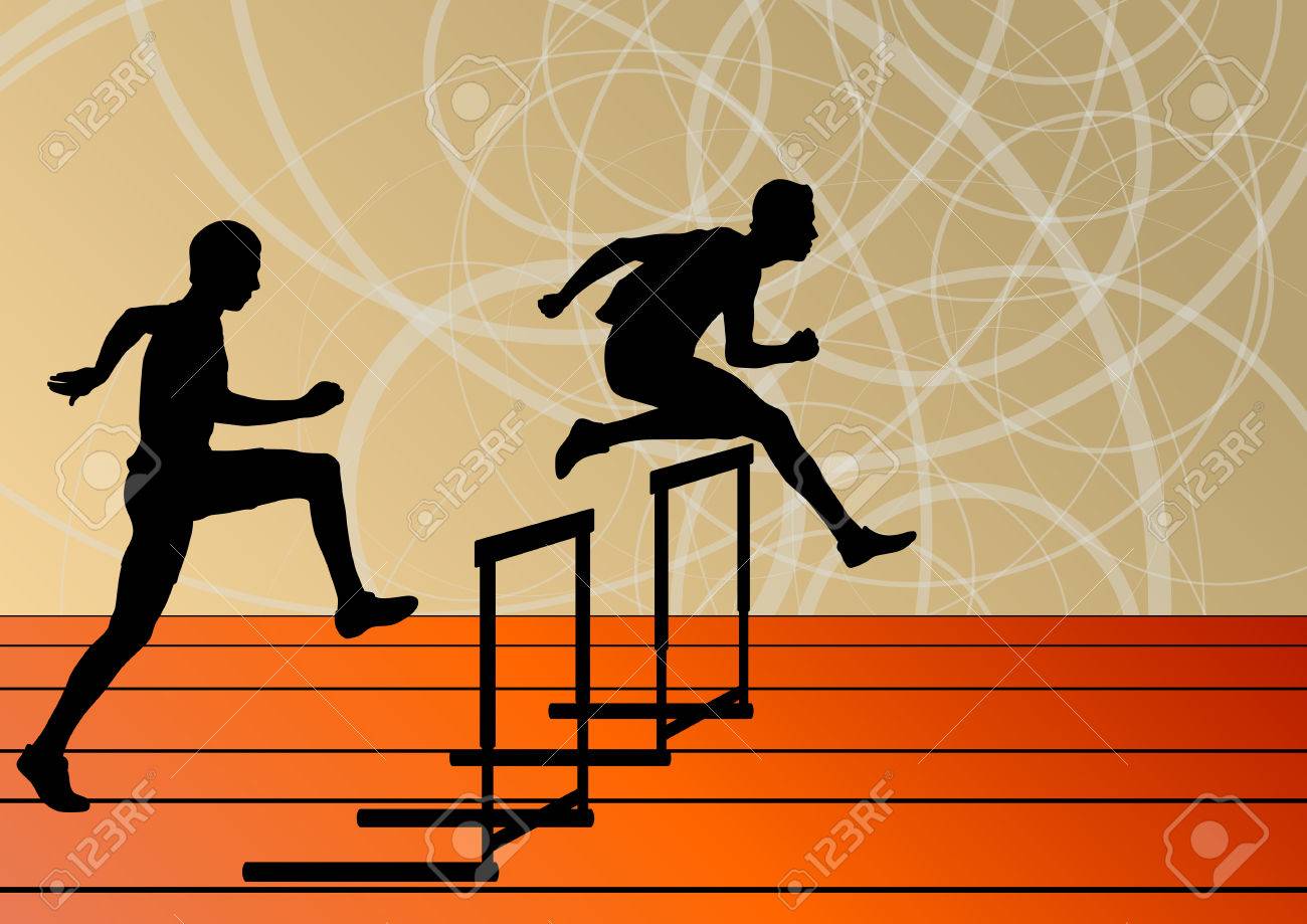 積極的な男性スポーツ陸上競技のハードルの障壁シルエット イラスト コレクション背景ベクトルを実行のイラスト素材 ベクタ Image