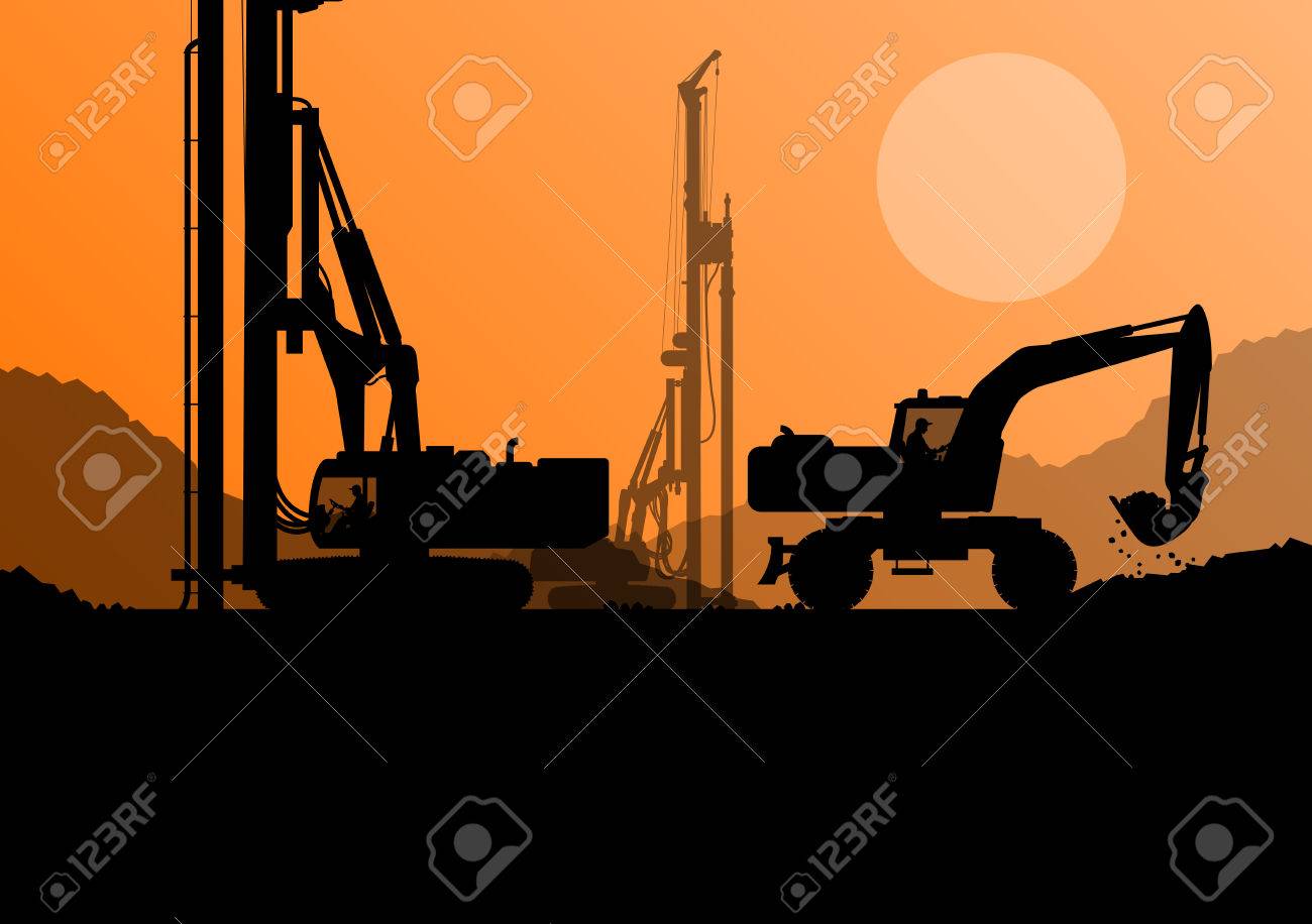 Hydraulic pile drilling machines, tractors and workers digging at industrial construction site vector background illustration - 33871233 Hydraulic pile drilling machines, tractors and workers digging at industrial construction site vector background illustration - 33871233