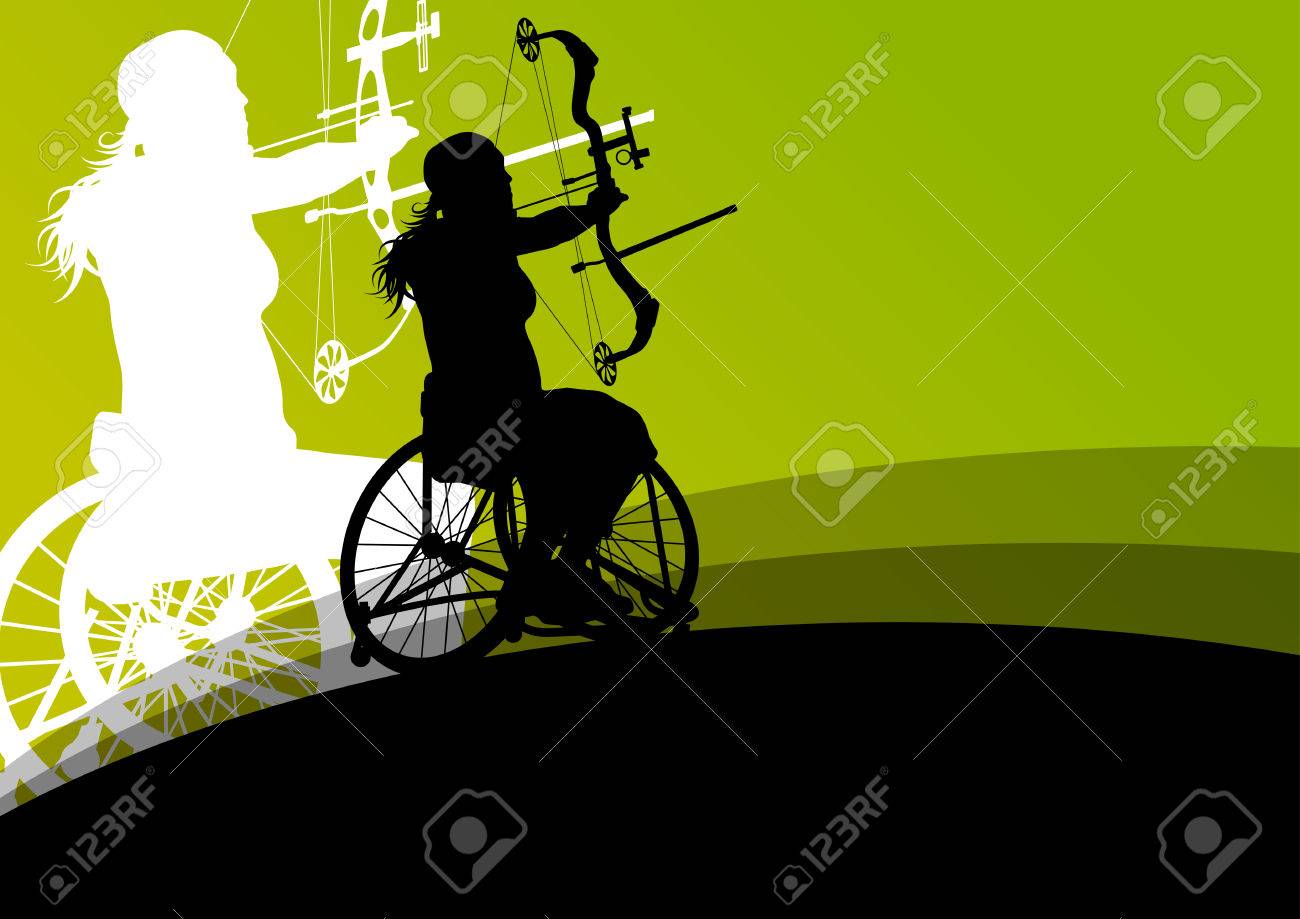 車椅子詳細医療アーチェリーのスポーツ矢印の概念シルエット イラスト背景ベクトルを撮影の無効になっている若い女性はアクティブ のイラスト素材 ベクタ Image