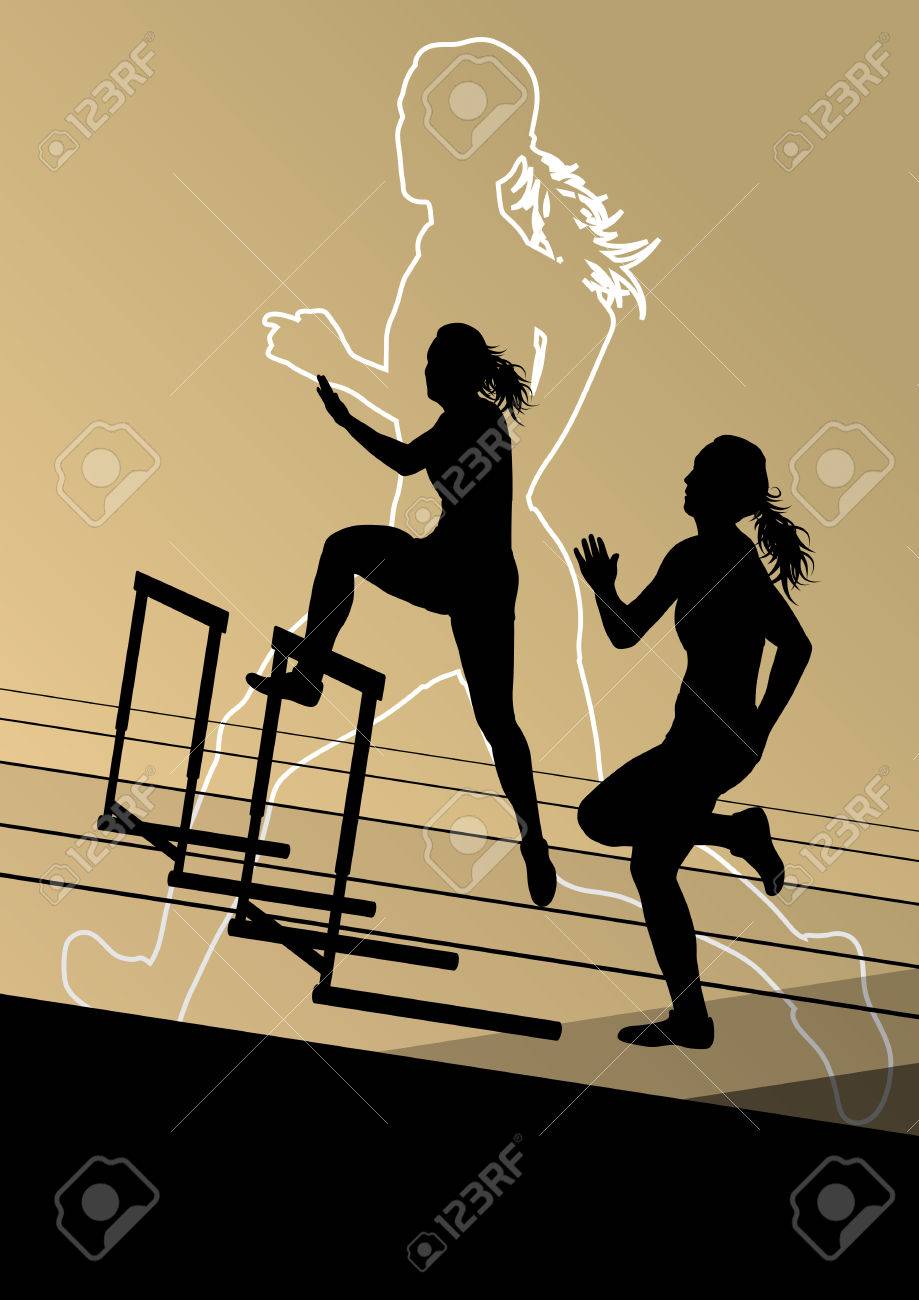 シルエット イラストを実行しているアクティブな女性少女スポーツ陸上競技のハードル バリアのイラスト素材 ベクタ Image