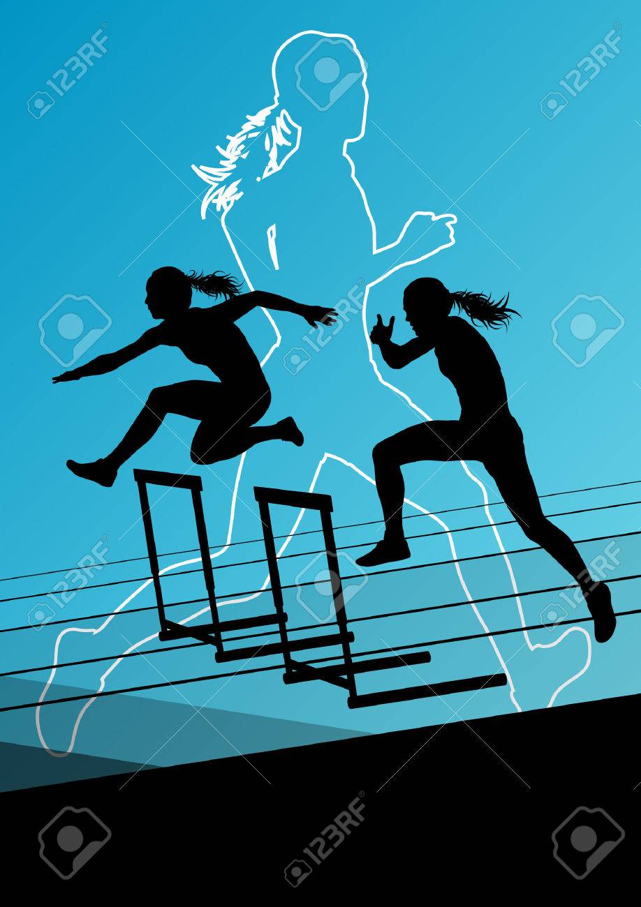 アクティブな女性少女スポーツ陸上ハードル バリア シルエット  