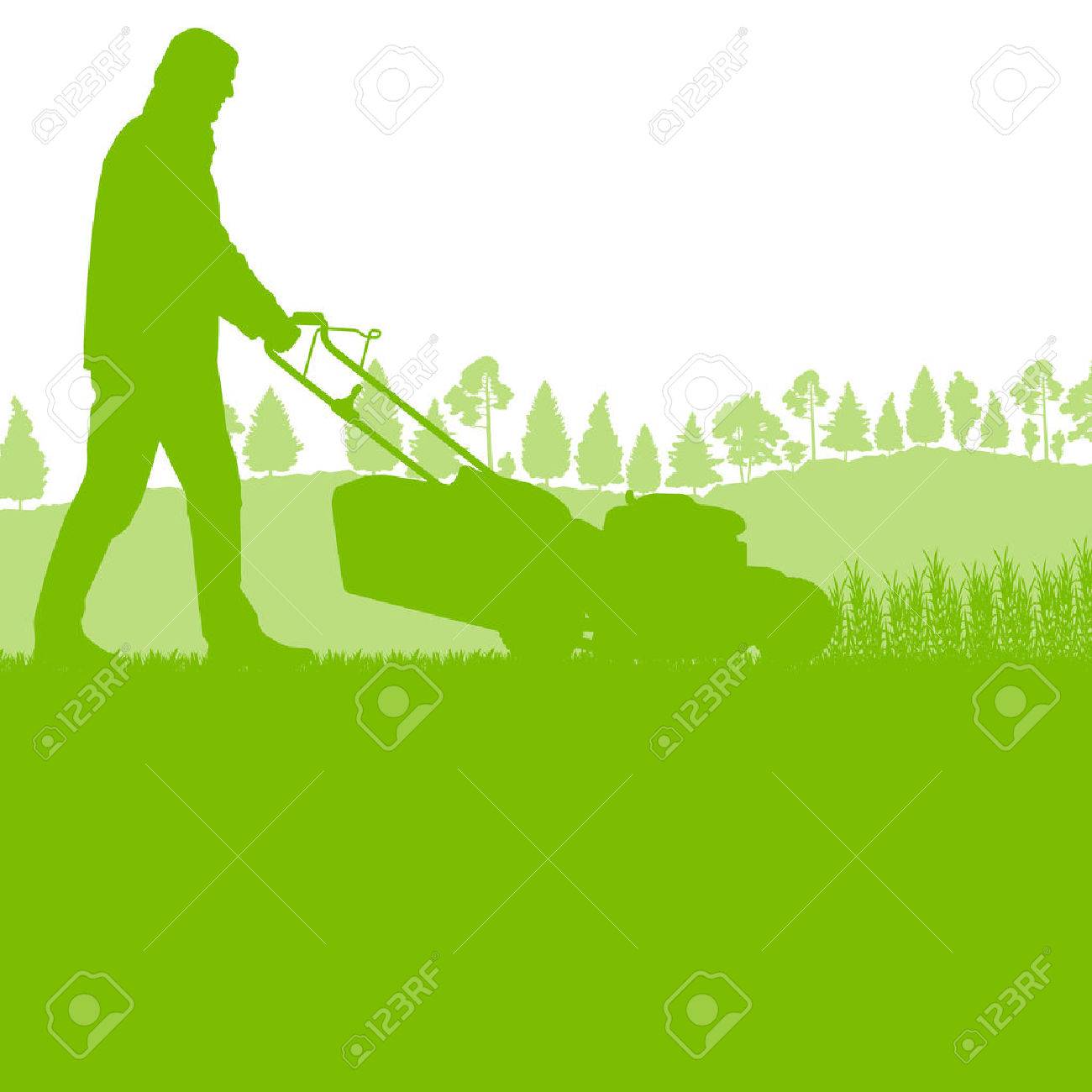 Man with lawn mover cutting grass vector background ecology concept for poster - 39203038 Man with lawn mover cutting grass vector background ecology concept for poster - 39203038