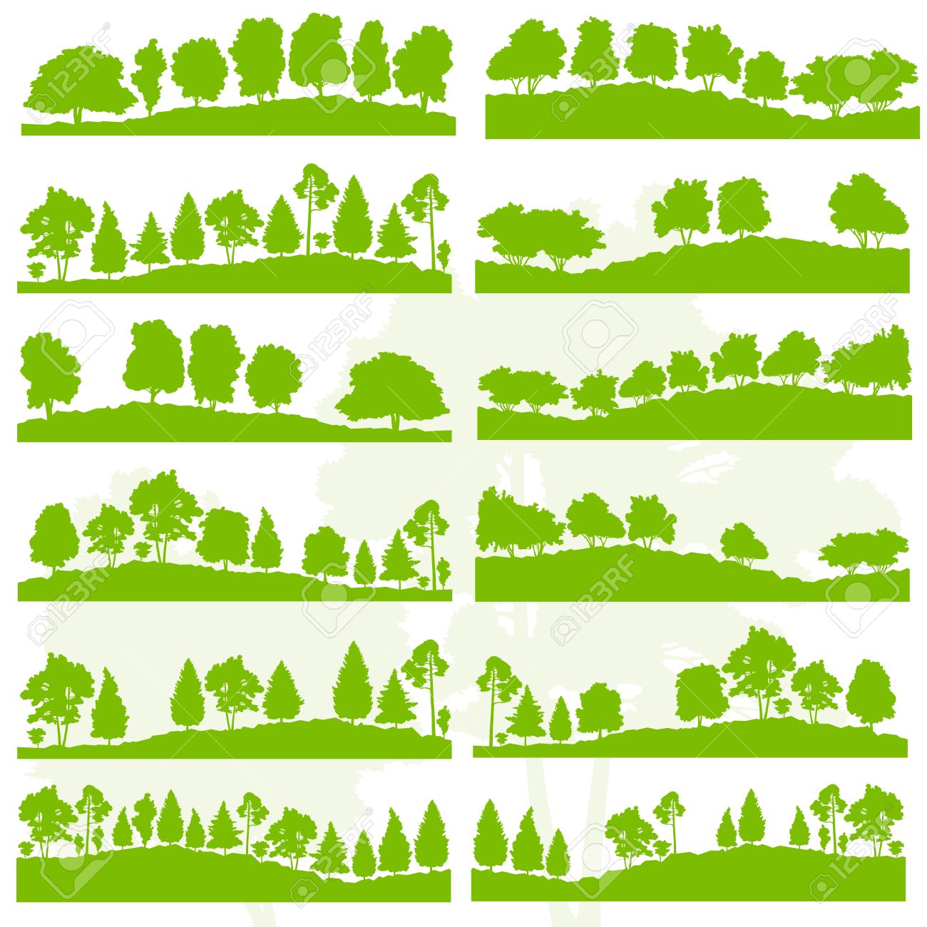 Forest trees and bushes wild nature silhouettes landscape illustration collection background vector set green ecology concept for poster - 43574158 Forest trees and bushes wild nature silhouettes landscape illustration collection background vector set green ecology concept for poster - 43574158