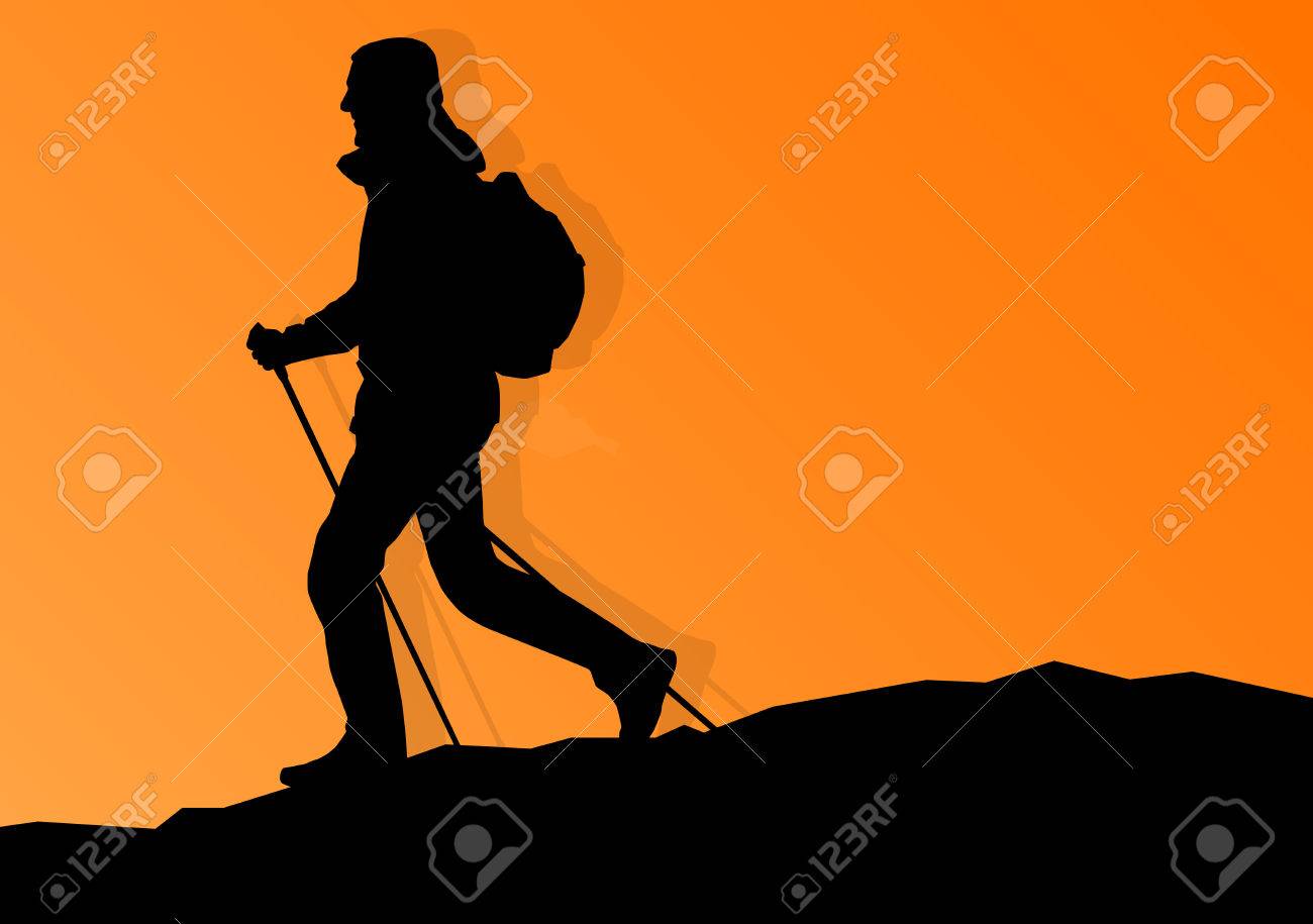 男が山でハイキング冒険極自然ベクター背景イラスト風景の中をノルディックウォー キングのイラスト素材 ベクタ Image