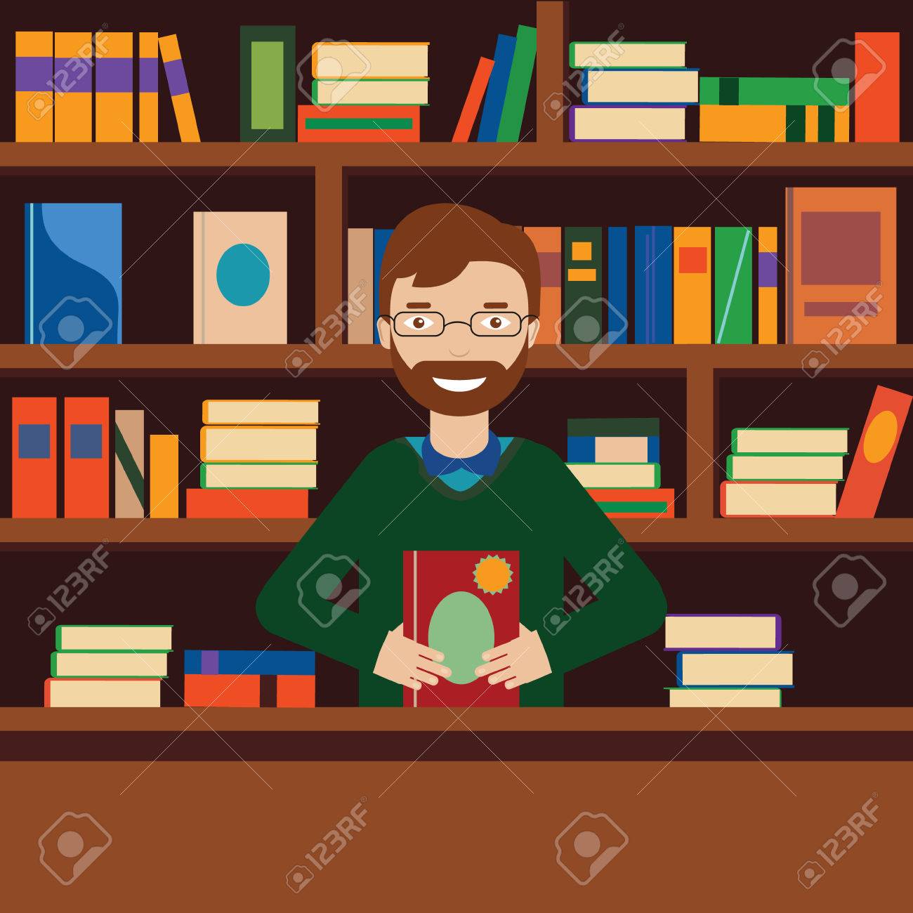 書籍の棚を背景に若い男 図書館や書店の販売ベクトル図のイラスト素材 ベクタ Image