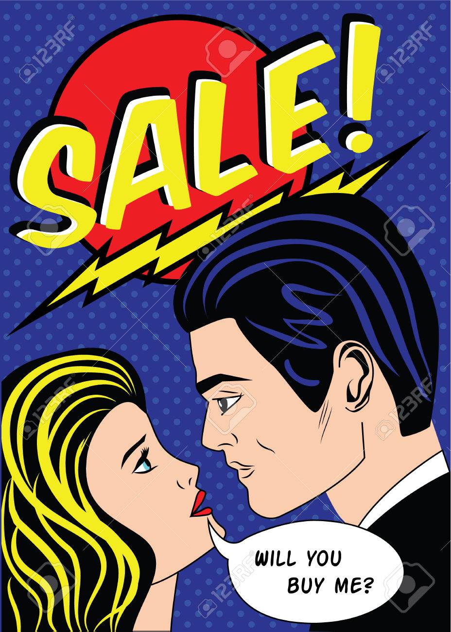sale banner with man and woman in vintage american comic pop