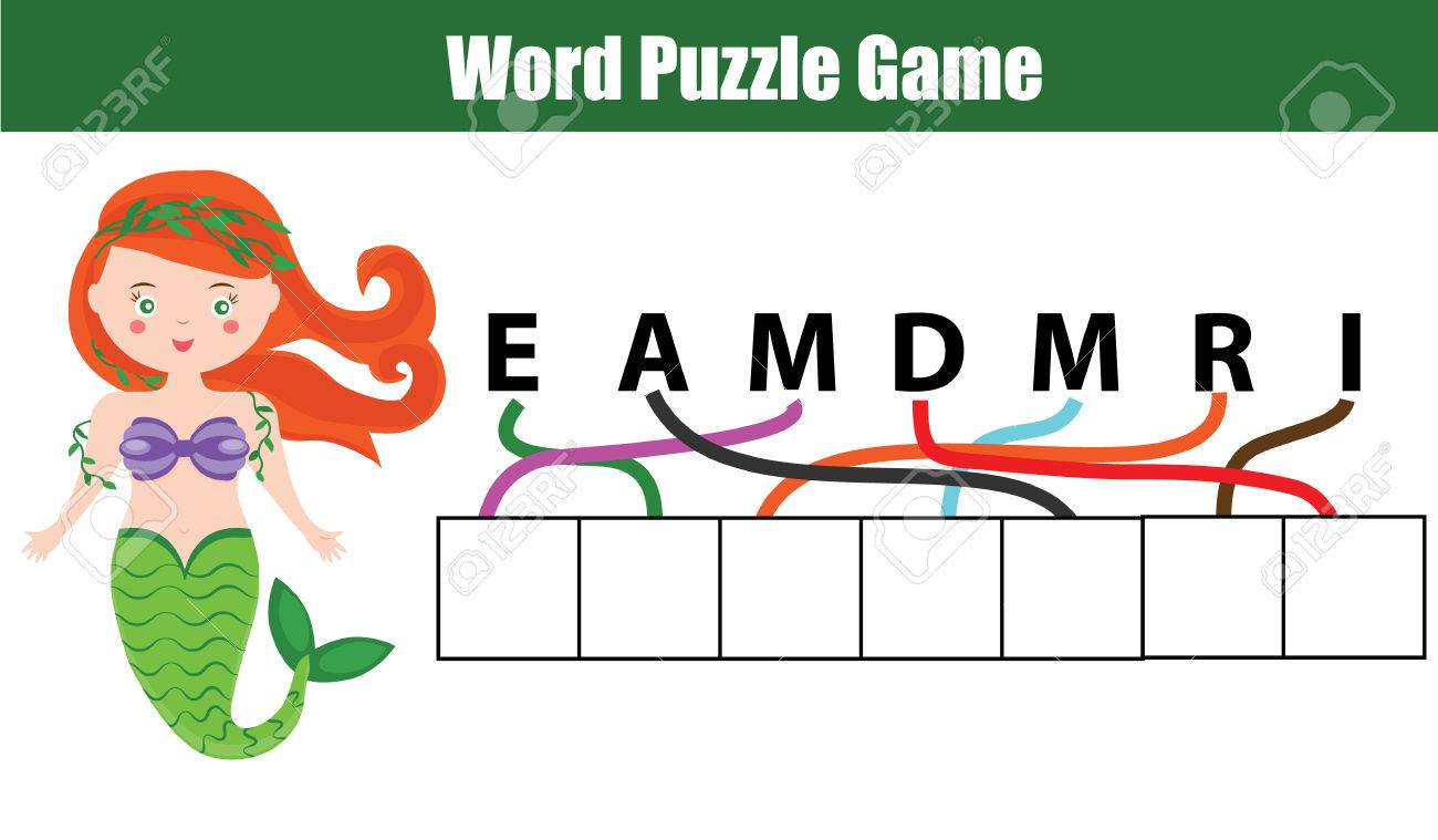 言葉のパズルの子供教育的なゲーム 正しい順序で文字を配置します 語彙を学習します 印刷用ワークシートのイラスト素材 ベクタ Image