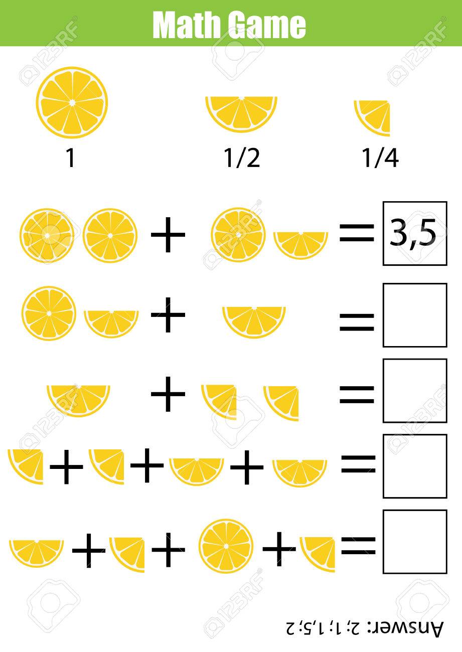 Matemáticas juego educativo para los niños. conteo de aprendizaje, además de la hoja de trabajo para los niños. Fracciones, la mitad, cuartos Matemáticas juego educativo para los niños. conteo de aprendizaje, además de la hoja de trabajo para los niños. Fracciones, la mitad, cuartos