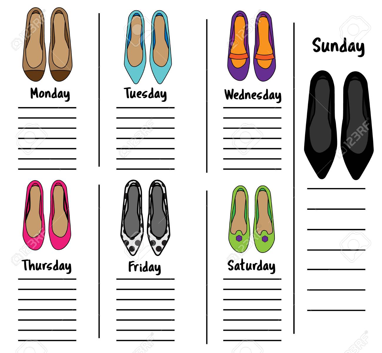 woman weekly daily planner template with fashionable shoes time management planner templates free