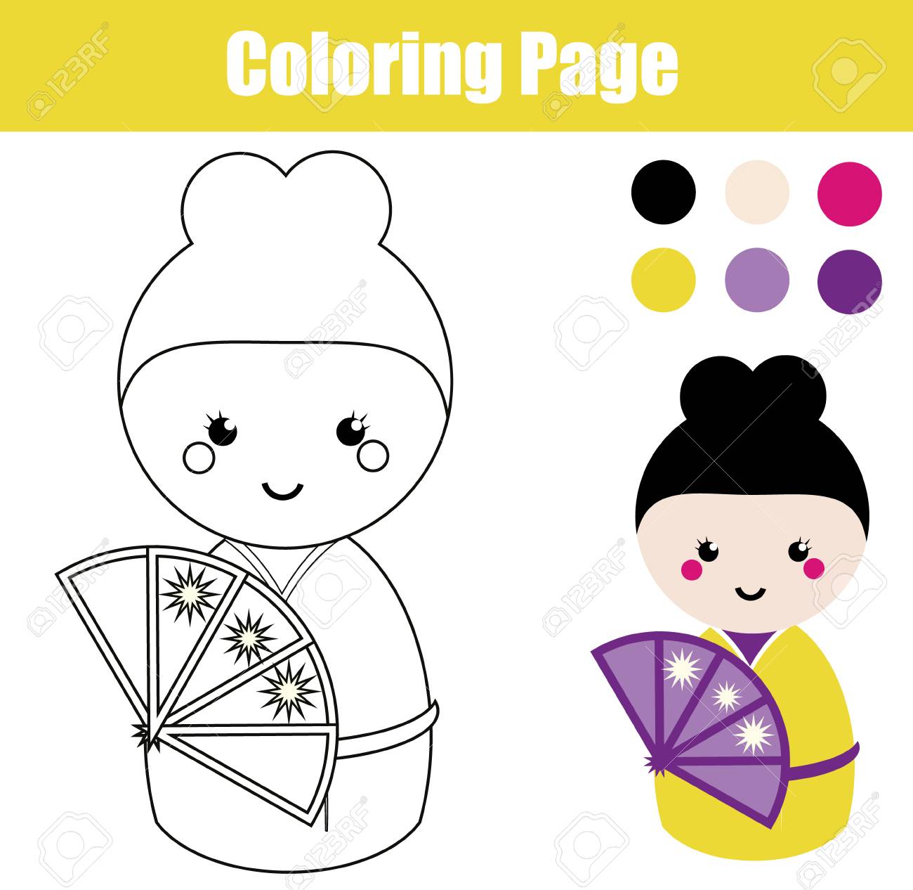 Coloring Page With Cute Japanese Kokeshi Doll Children Educational Game Drawing Activity Printable Worksheet Royalty Free Cliparts Vectors And Stock Illustration Image 75442638