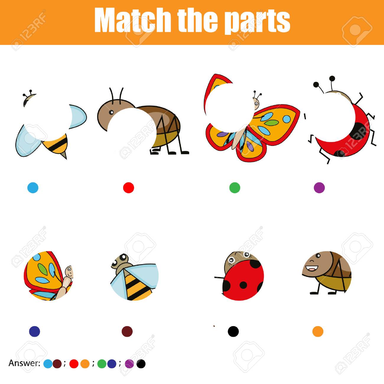 Matching children educational game. Match insects parts. Find missing puzzle. Activity for pre school years kids - 82659532 Matching children educational game. Match insects parts. Find missing puzzle. Activity for pre school years kids - 82659532