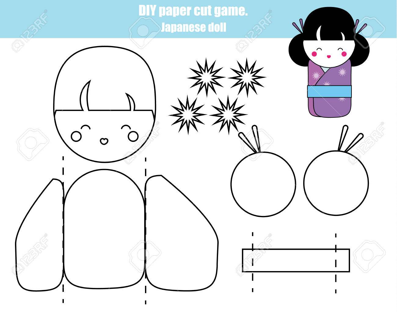Diy の子供教育の創造的なゲームです はさみやのりを日本のこけし人形を作る 印刷可能な Paprecut 活動 のイラスト素材 ベクタ Image