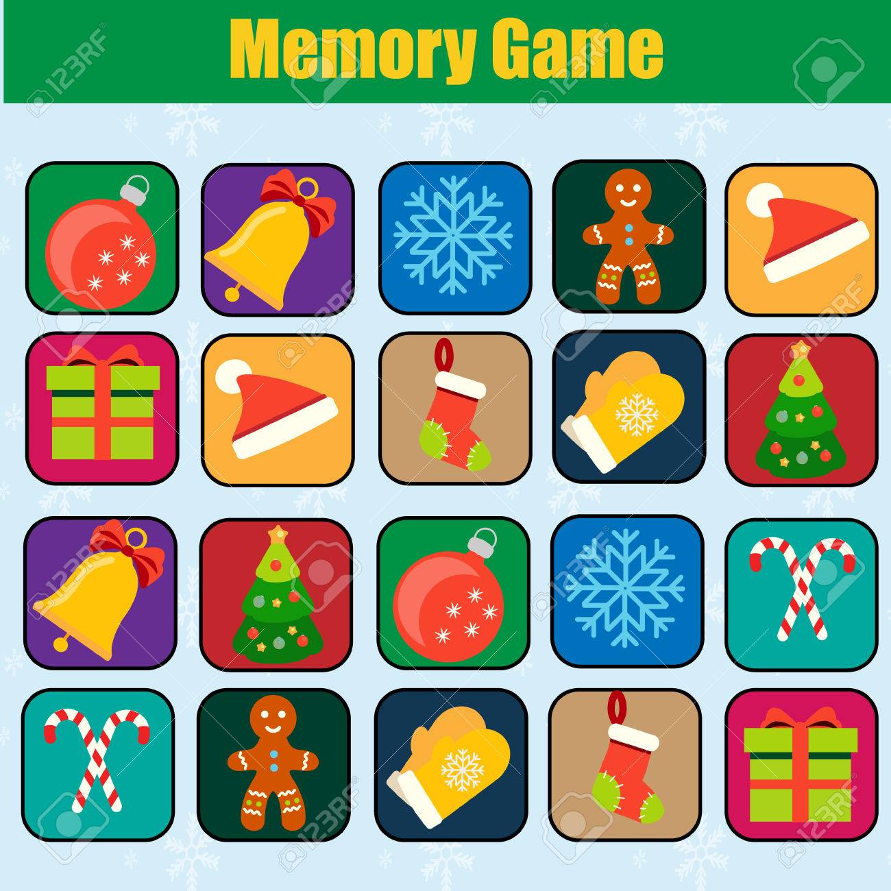 記憶ゲーム クリスマス 新年の冬の休日のテーマ 同じオブジェクトのペアを見つけます 教育子供のゲーム 子供たちの活動 のイラスト素材 ベクタ Image